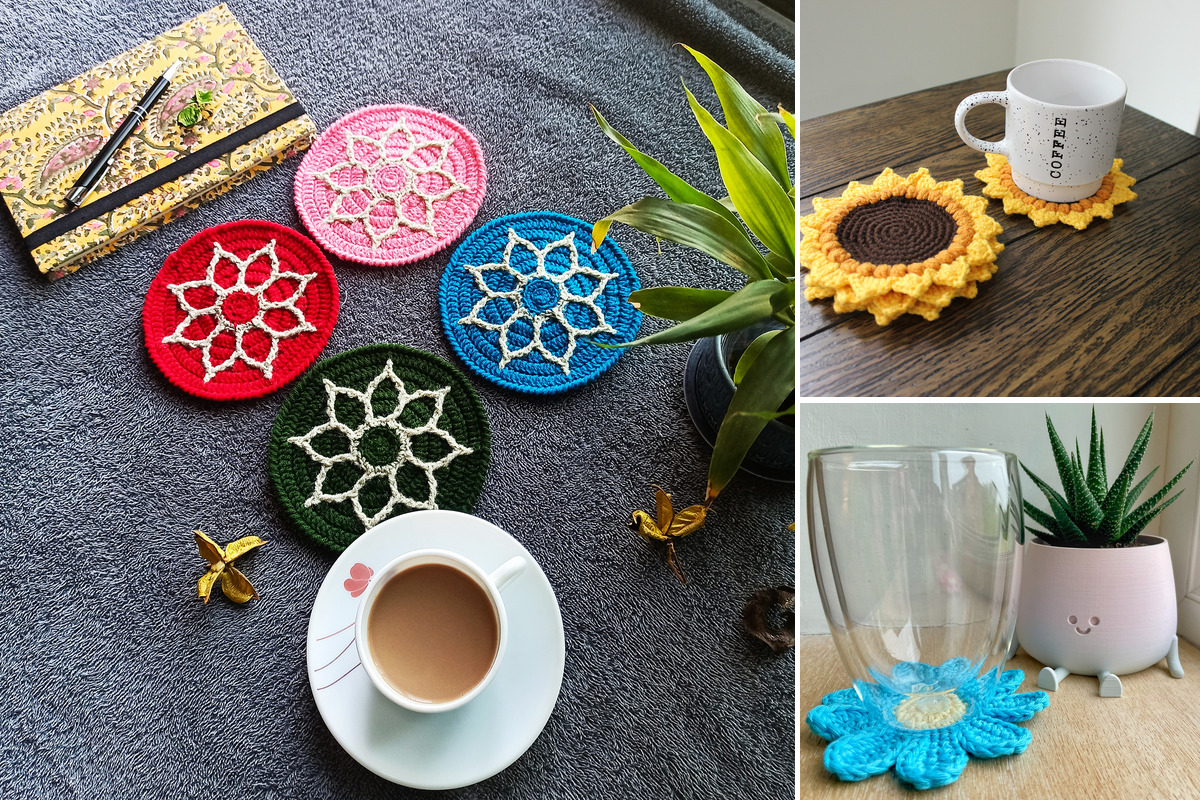 A collage shows red, pink, blue and green round crochet coasters beside a coffee cup. Smaller panels show yellow sunflower coasters beneath a white mug and a bright blue flower coaster beside a plant.