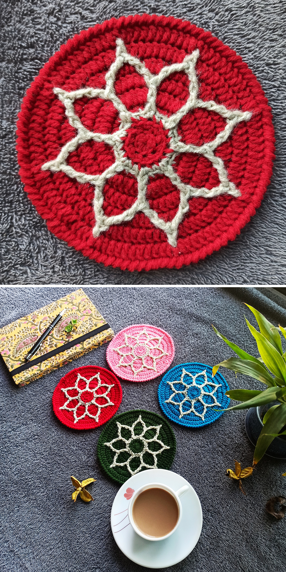 A red round crochet coaster displays a pale geometric flower across its center. Below, red, pink, blue and dark green versions lie near a cup and plant. Contrasting overlay stitches make the floral design stand out.