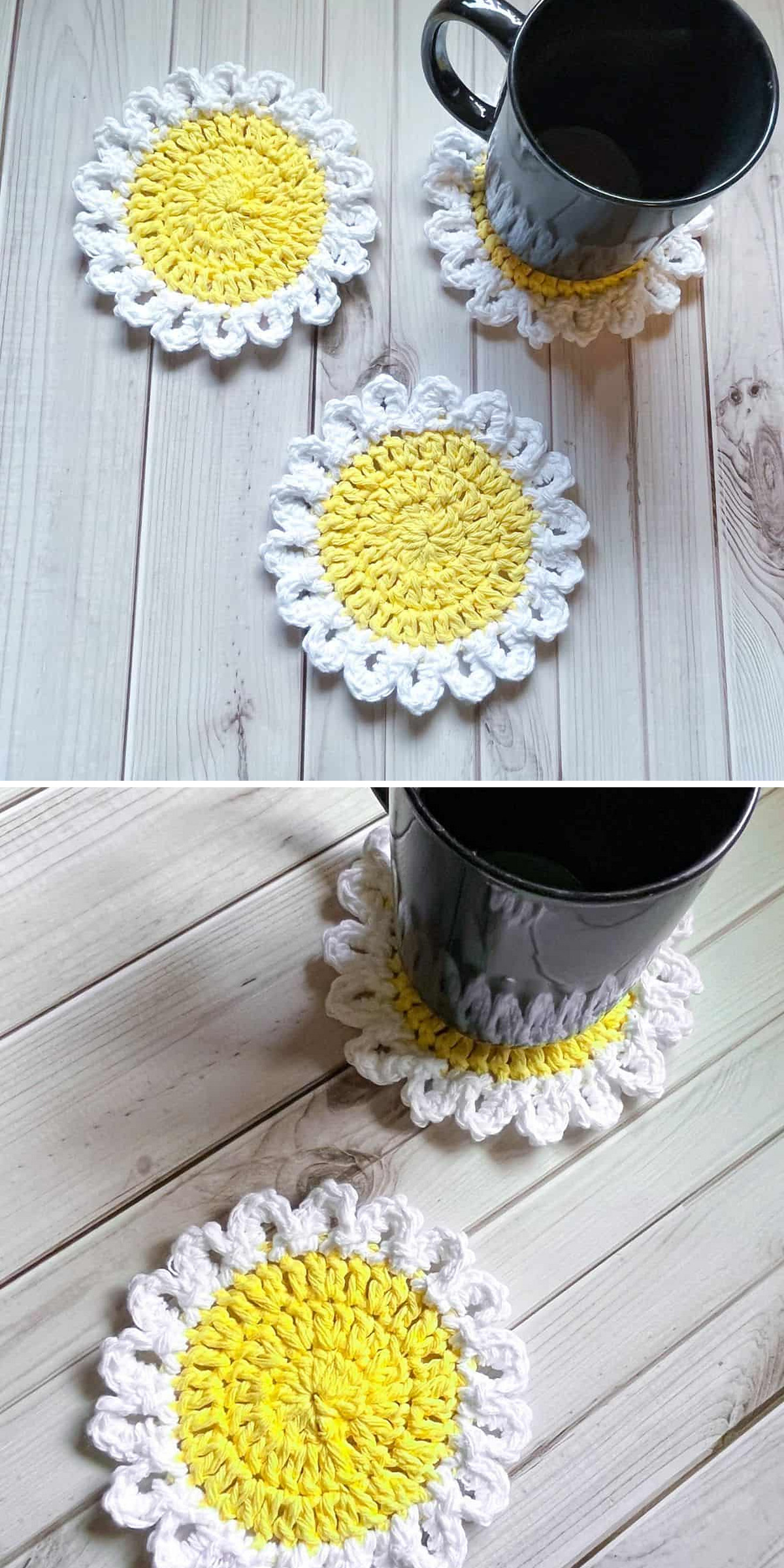 White crochet daisy coasters with wide yellow centers lie on pale wooden boards. A dark mug rests on one coaster in the upper view, while another appears close up below. Looped petals and compact center stitches shape each flower.