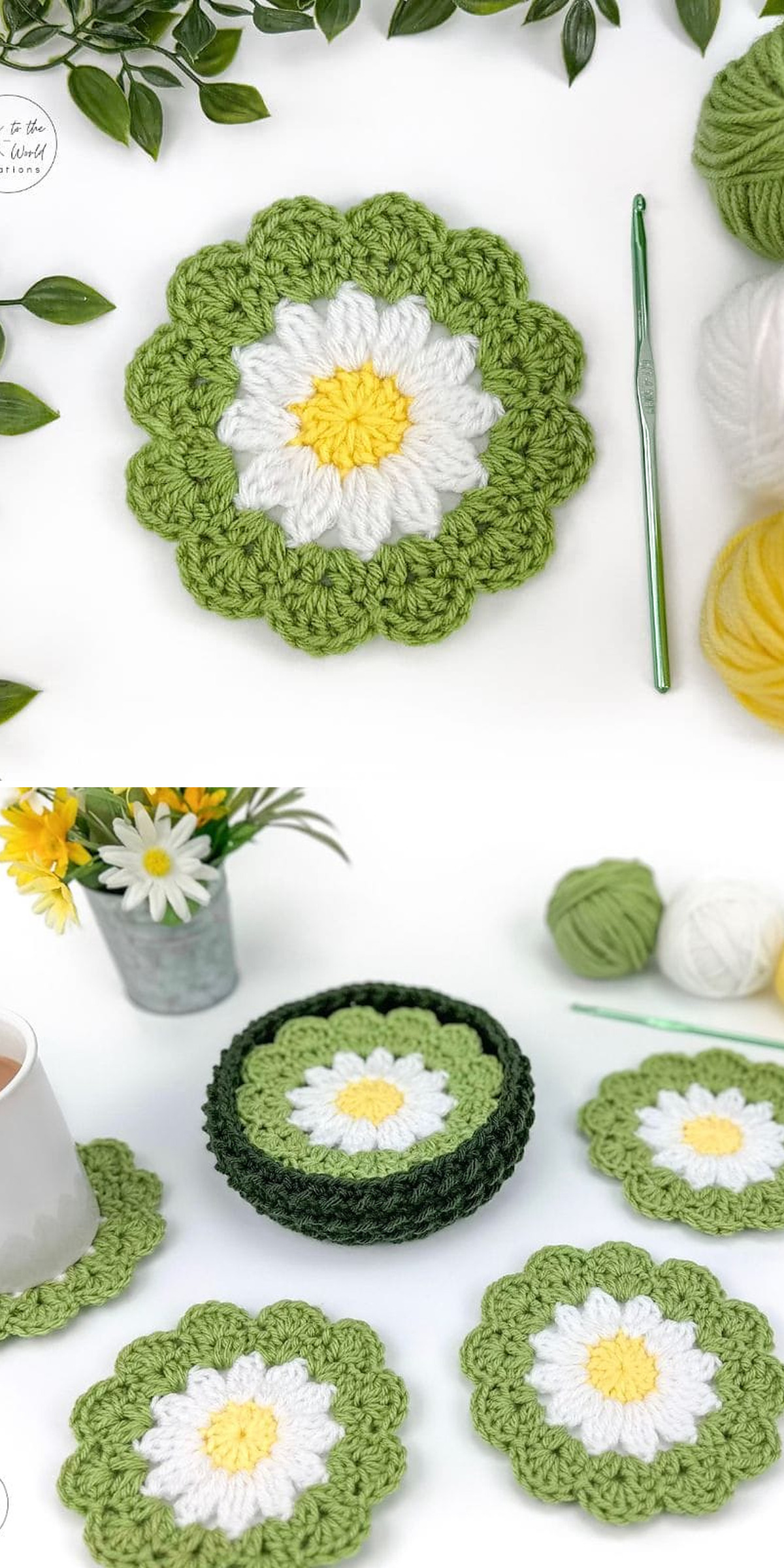 A white crochet daisy with a yellow center sits inside a scalloped green border. Below, several matching coasters surround a small holder beside yarn and flowers. Defined petals and textured stitches show a colorful flower coaster set.