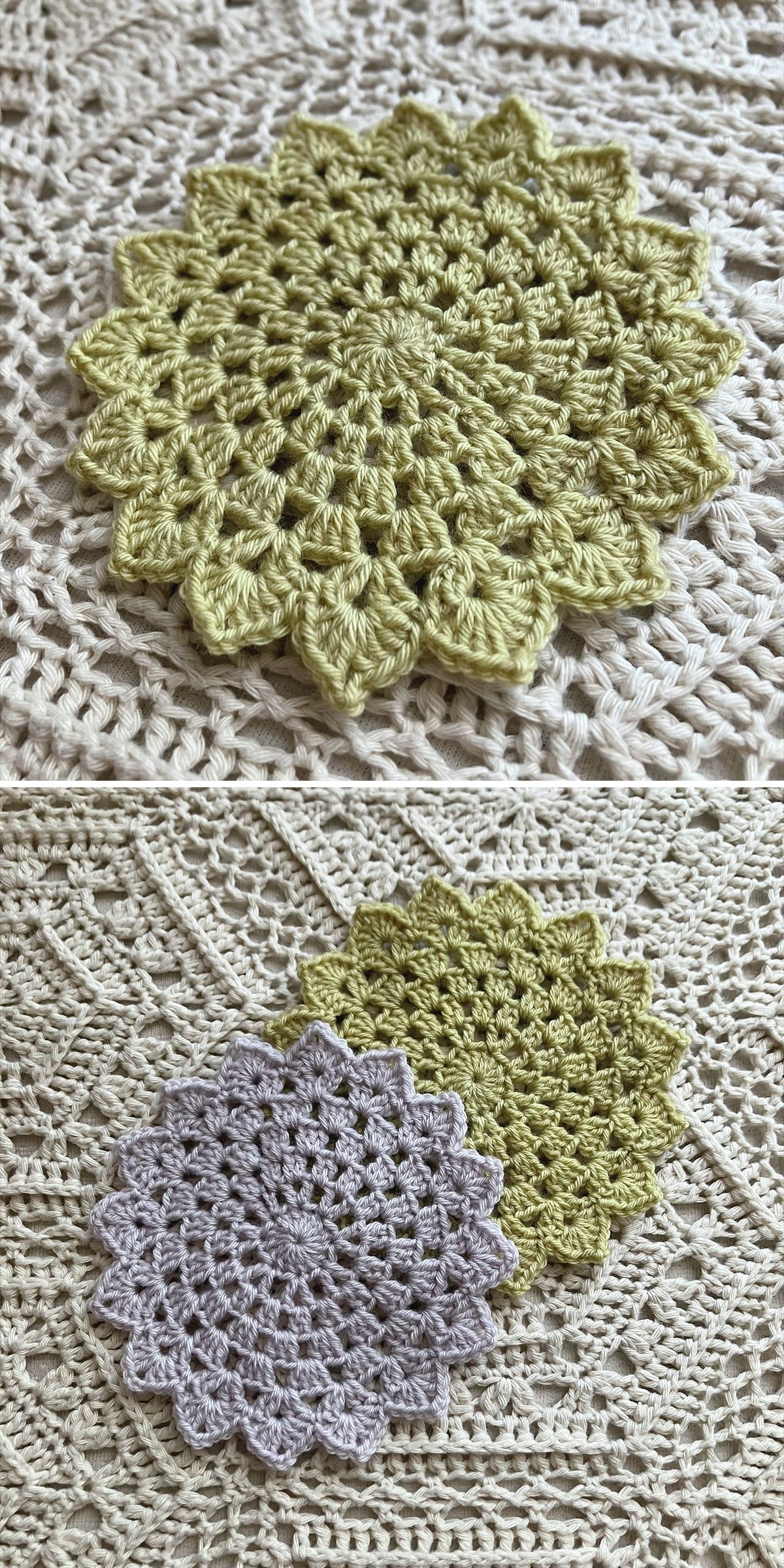 A sage green crochet flower coaster lies on cream textured fabric. Below, green and lavender versions show their full round shape. Fine openwork stitches, layered petal details and pointed edges give the coasters a delicate lace-like finish.