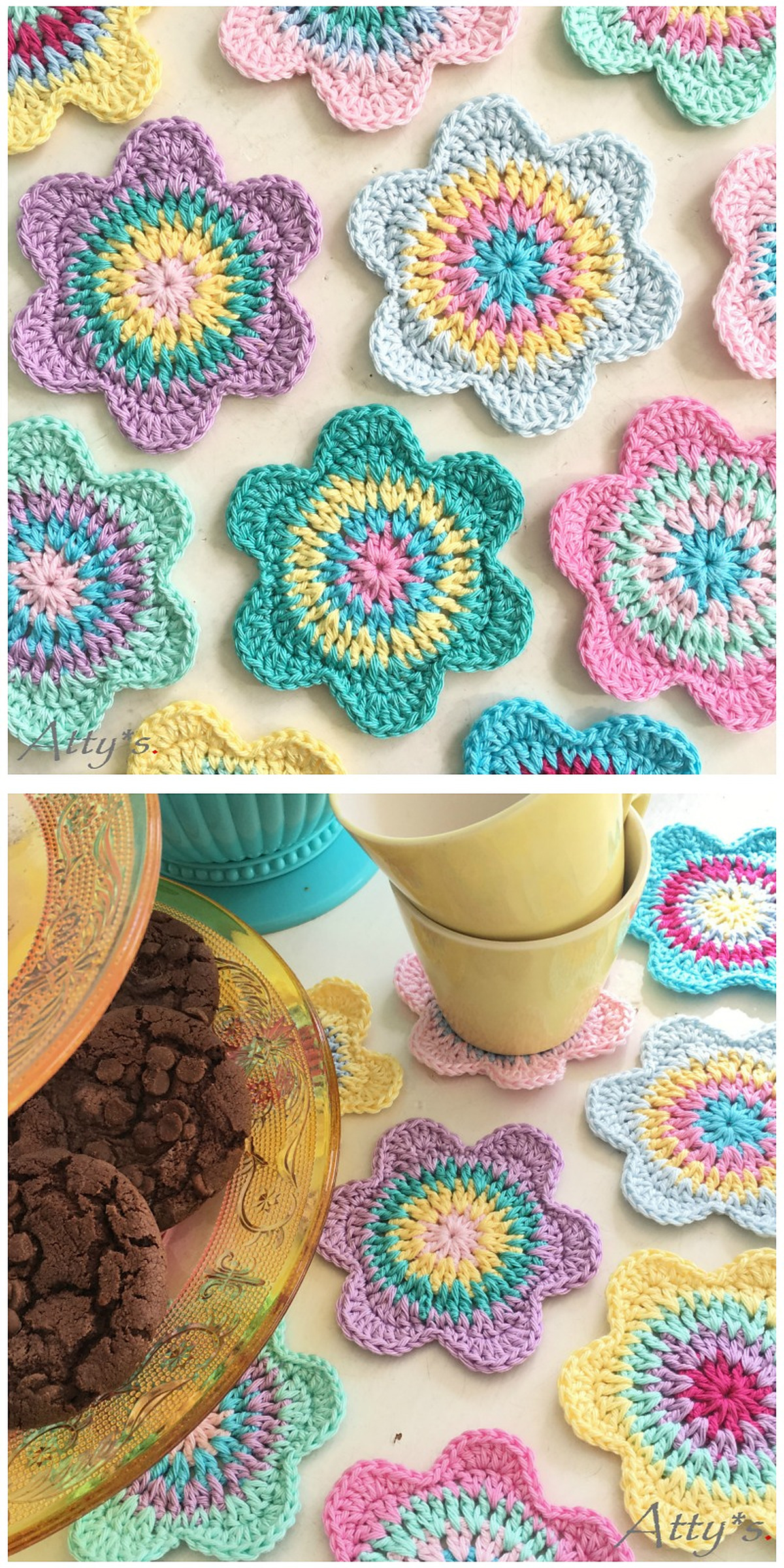 Pastel crochet flower coasters in pink, turquoise, yellow and lavender spread across a light surface. A second view shows them beside mugs and a bowl. Concentric colored rounds and soft scalloped edges form each small flower.