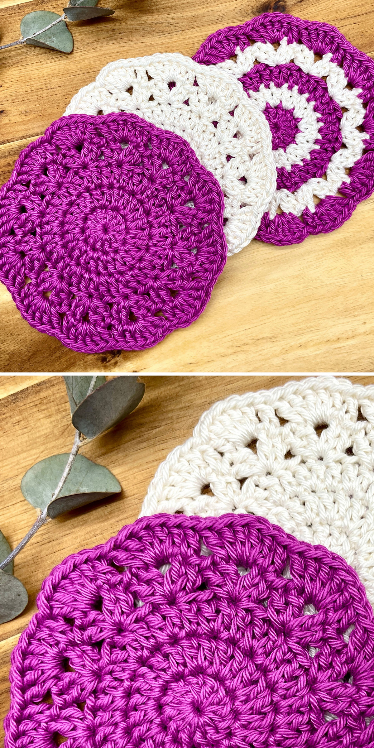 Purple and white crochet flower coasters overlap on a wooden surface. The lower close-up shows a purple coaster in front of a white one. Dense center stitches, openwork details and rounded petals create a distinct two-color floral design.