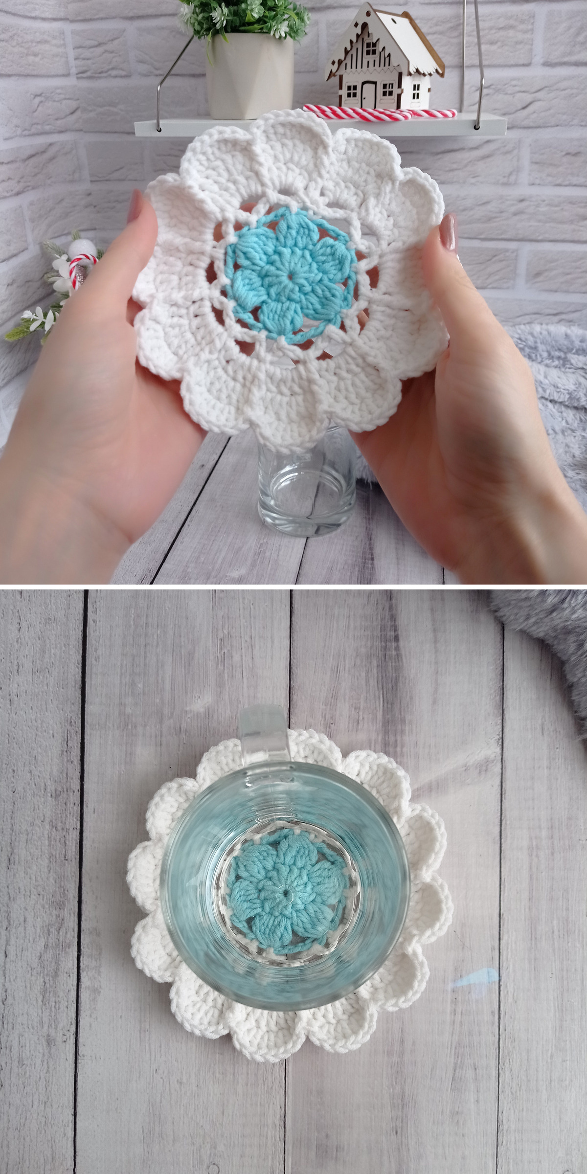 Hands hold a white crochet flower coaster with a turquoise center in the upper view. Below, the round piece is seen from above on a pale surface. Raised central stitches and open white petals define its layered floral shape.