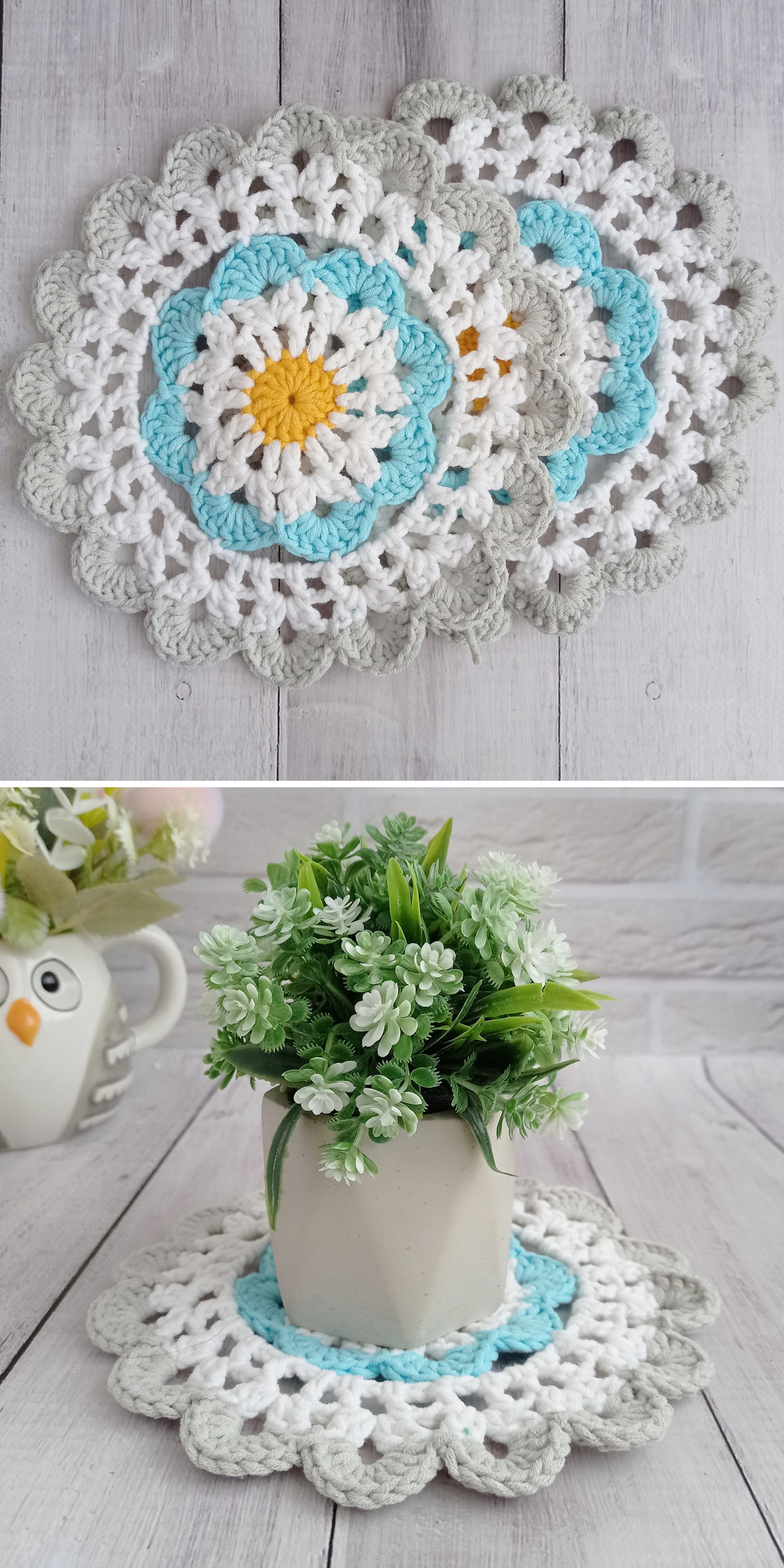 A white crochet flower coaster with pale blue rings is shown flat on a gray surface. In the second view, it sits beneath a small plant pot. Openwork petals and layered stitches give the round piece a lacy appearance.