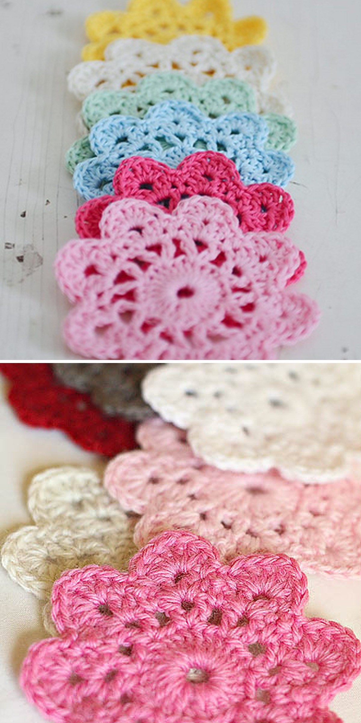 Pastel crochet flower coasters are stacked in cream, blue, yellow and pink. The upper view shows several colors together, while the lower view focuses on pink and cream pieces. Lacy stitches form rounded petals and open centers.