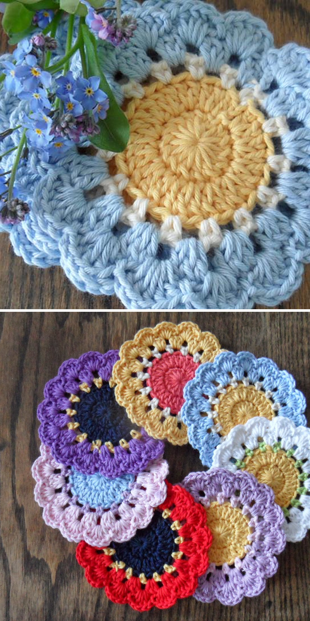 A close view shows a blue and cream crochet flower with a golden center. Below, purple, red, blue and yellow coasters overlap in a colorful stack. Layered rounds and scalloped edges highlight this flower coaster design.