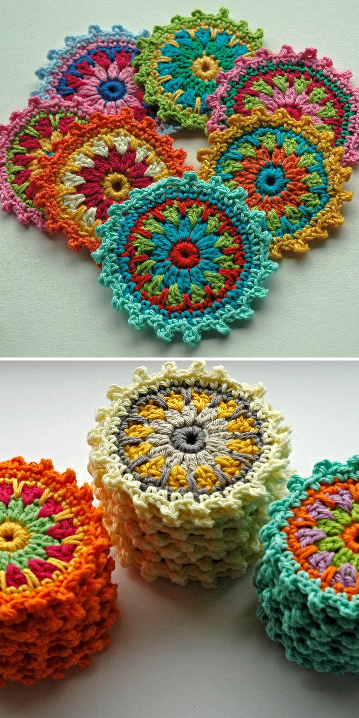 Colorful round crochet coasters in turquoise, pink, yellow and red are arranged together above a smaller stack of finished pieces. Openwork rounds, raised centers and decorative edges create a bold floral look for a handmade table setting.