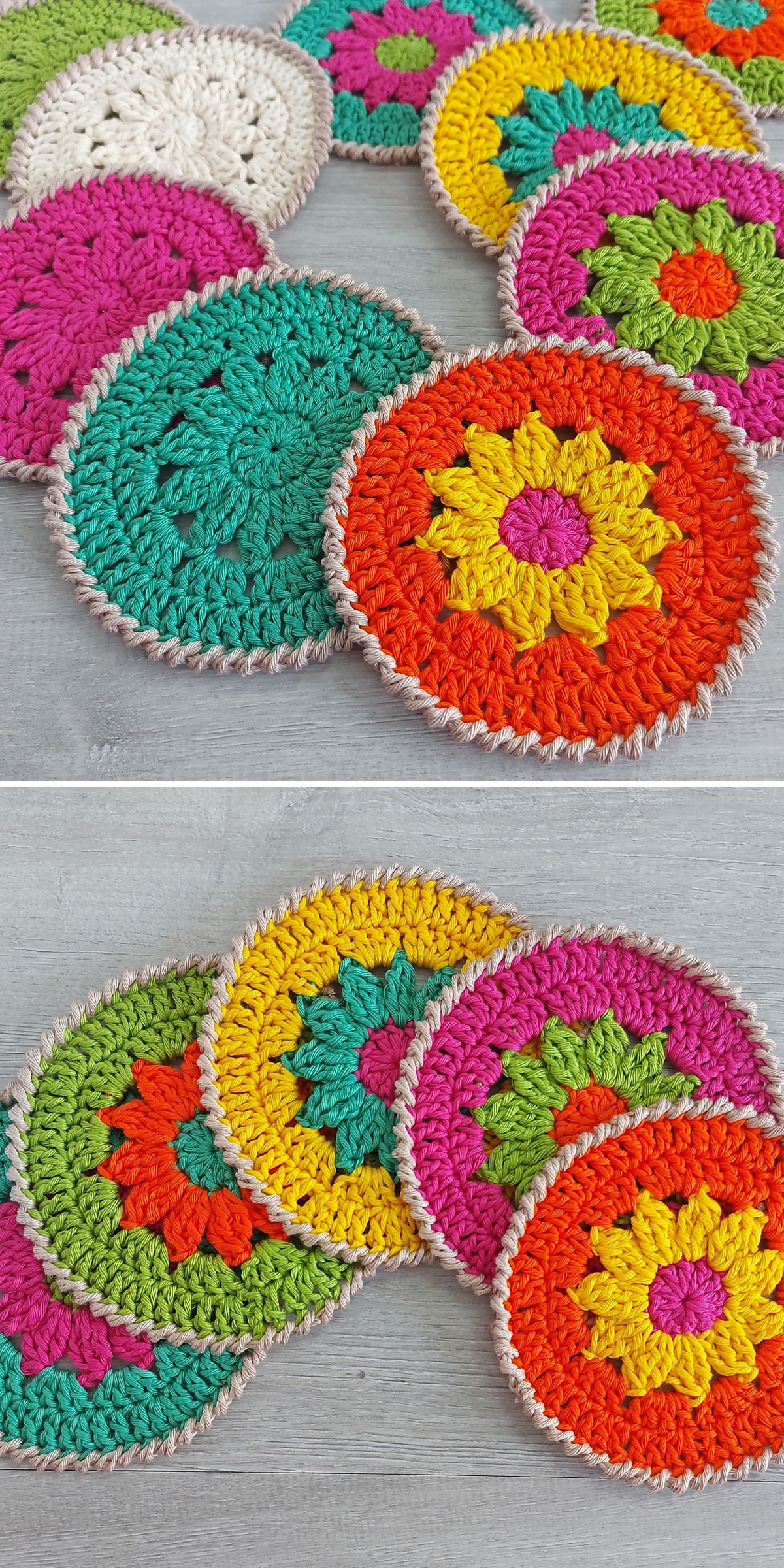 Bright crochet flower coasters overlap in turquoise, orange, yellow, pink and green. One view shows a scattered group; the other shows a neat stack. Contrasting centers, textured rounds and scalloped borders give the set its playful appearance.