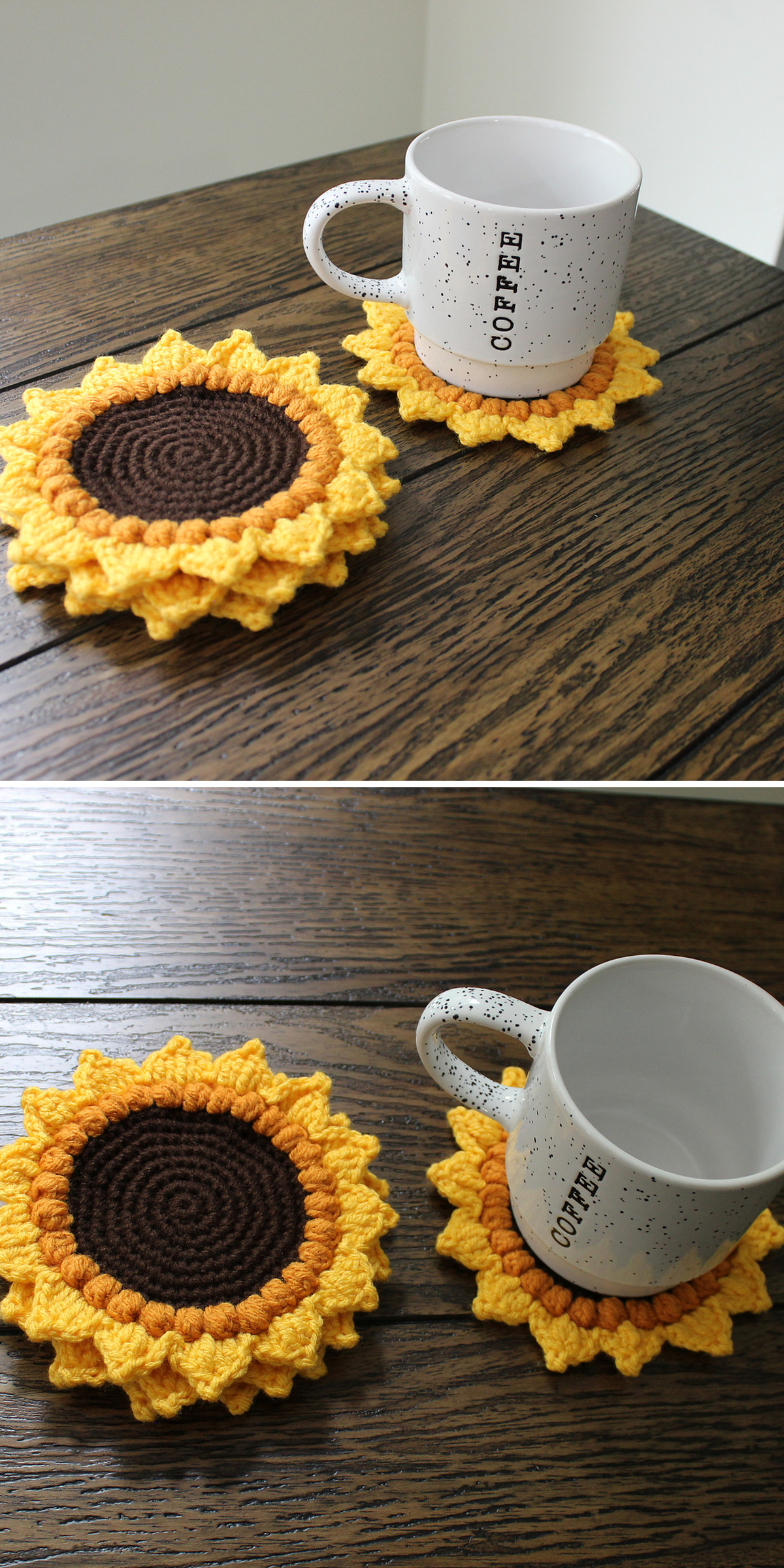 Two yellow crochet sunflower coasters rest on a dark wooden table, with a white coffee mug placed on one in both views. Dark brown spiral centers and shaped yellow petals define the flowers and show their practical size.
