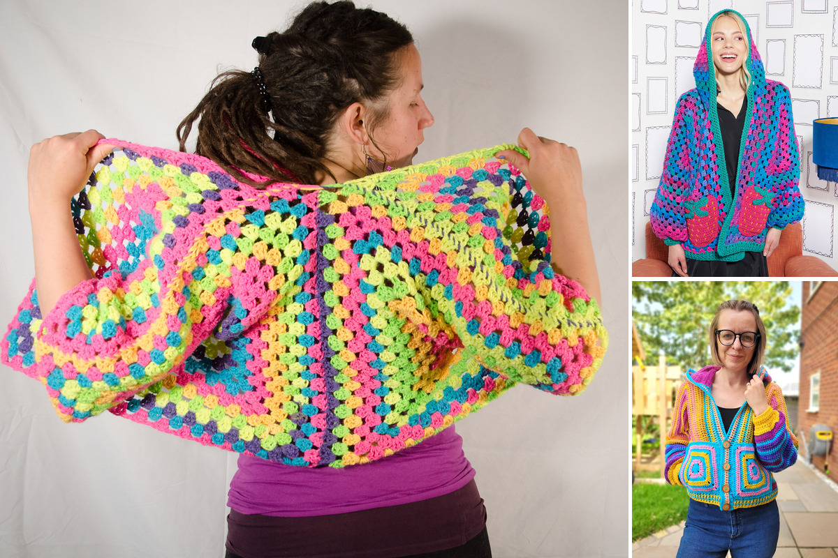 The large left panel shows a model holding out a bright multicolor granny cardigan. At right, women model hooded turquoise and pink, and striped rainbow hexagon cardigans against indoor and outdoor backdrops.