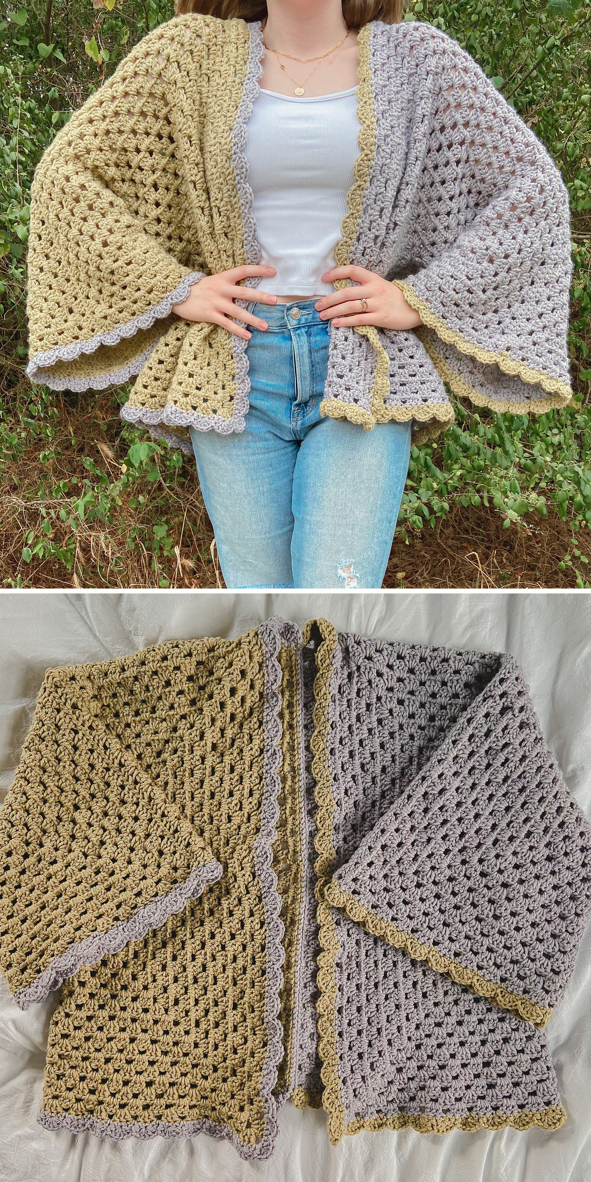 Soft beige and gray crochet panels form an oversized cardigan with wide sleeves and a scalloped hem. A modeled view sits above the garment laid flat, showing its two-tone granny stitch construction and open shape.