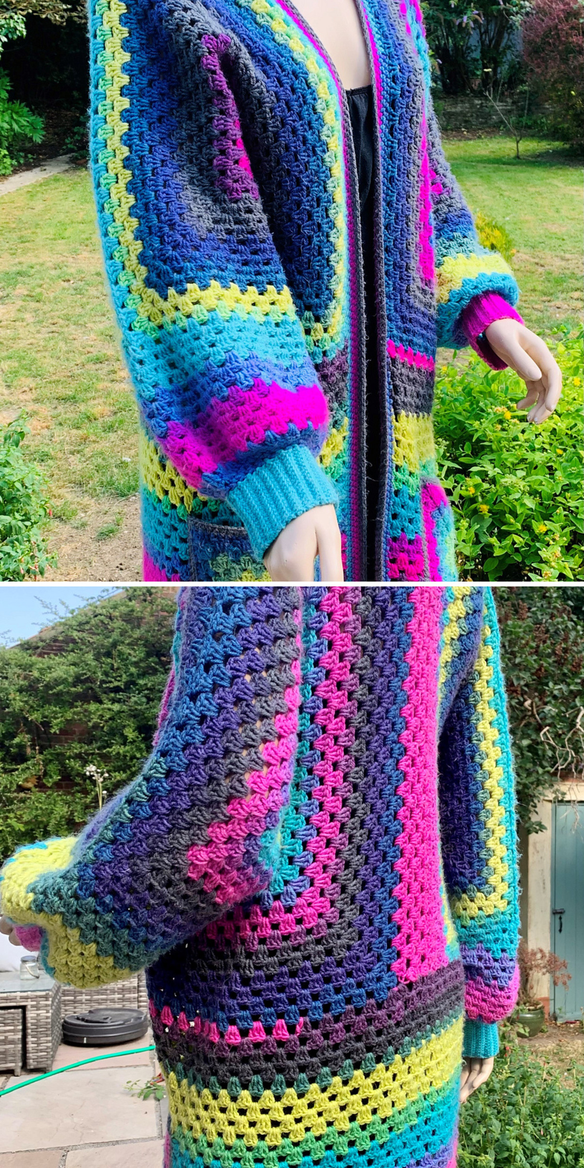 Blue, pink, and yellow-green granny stripes run across a long crochet cardigan modeled from the front and back. The views show its easy fit, full sleeves, and bright color changes throughout the garment.