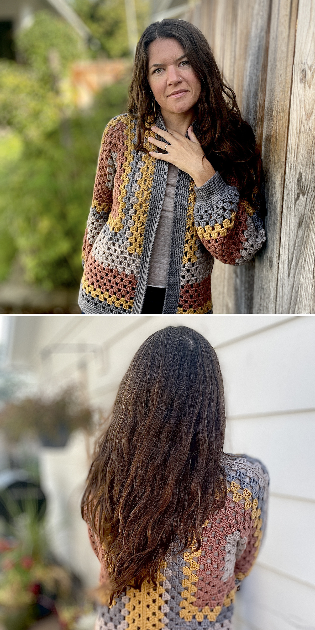 Muted gray, taupe, and soft yellow shades appear in an openwork cardigan modeled from the front and back. Its relaxed sleeves, airy stitches, and gentle color changes remain clear in both photos.
