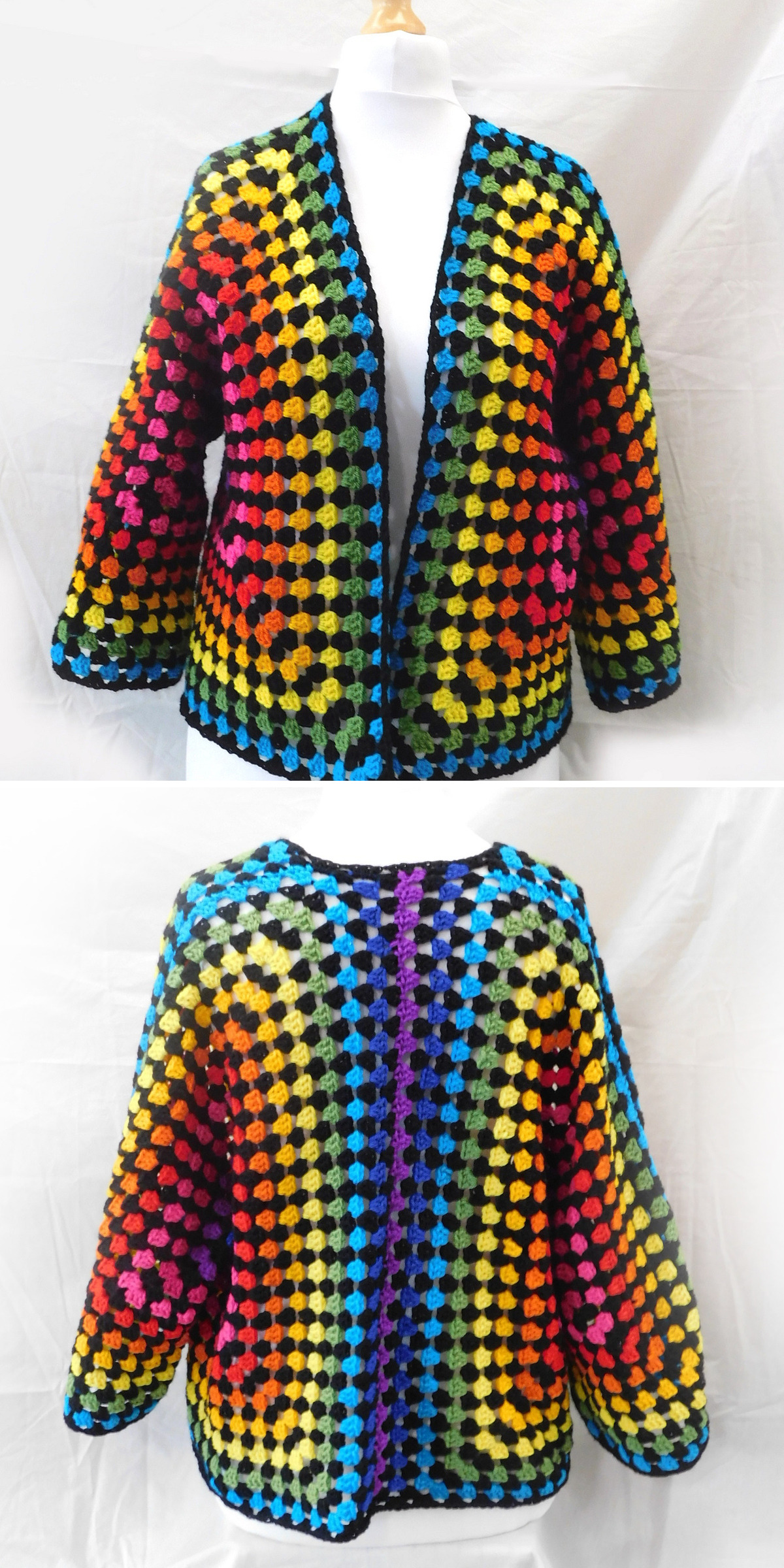 Red, blue, gold, and black stripes cover a crochet cardigan displayed on a mannequin from the front and back. The views reveal granny stitch panels, long sleeves, and its open shape.