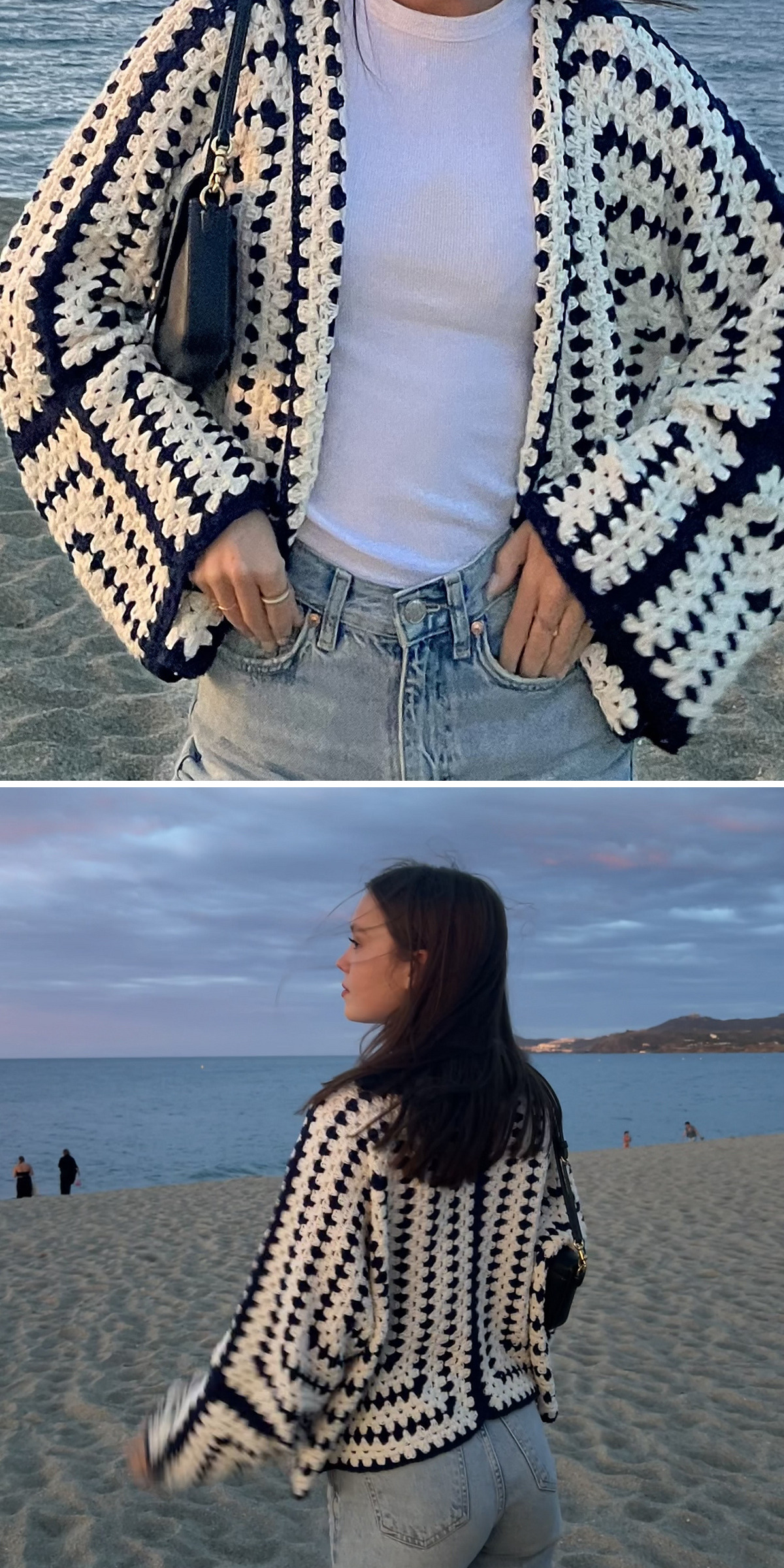 Cream and navy geometric crochet stitches form a cardigan shown close up and worn at the beach. The photos display its openwork pattern, relaxed shape, contrasting bands, and long sleeves.