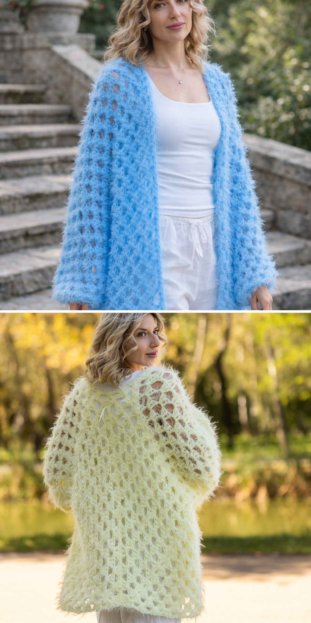 Models wear textured blue and pale green hexagon cardigans from the front and back. Outdoor garden views emphasize the raised stitches, relaxed sleeves, and longer silhouettes in both colors outdoors.