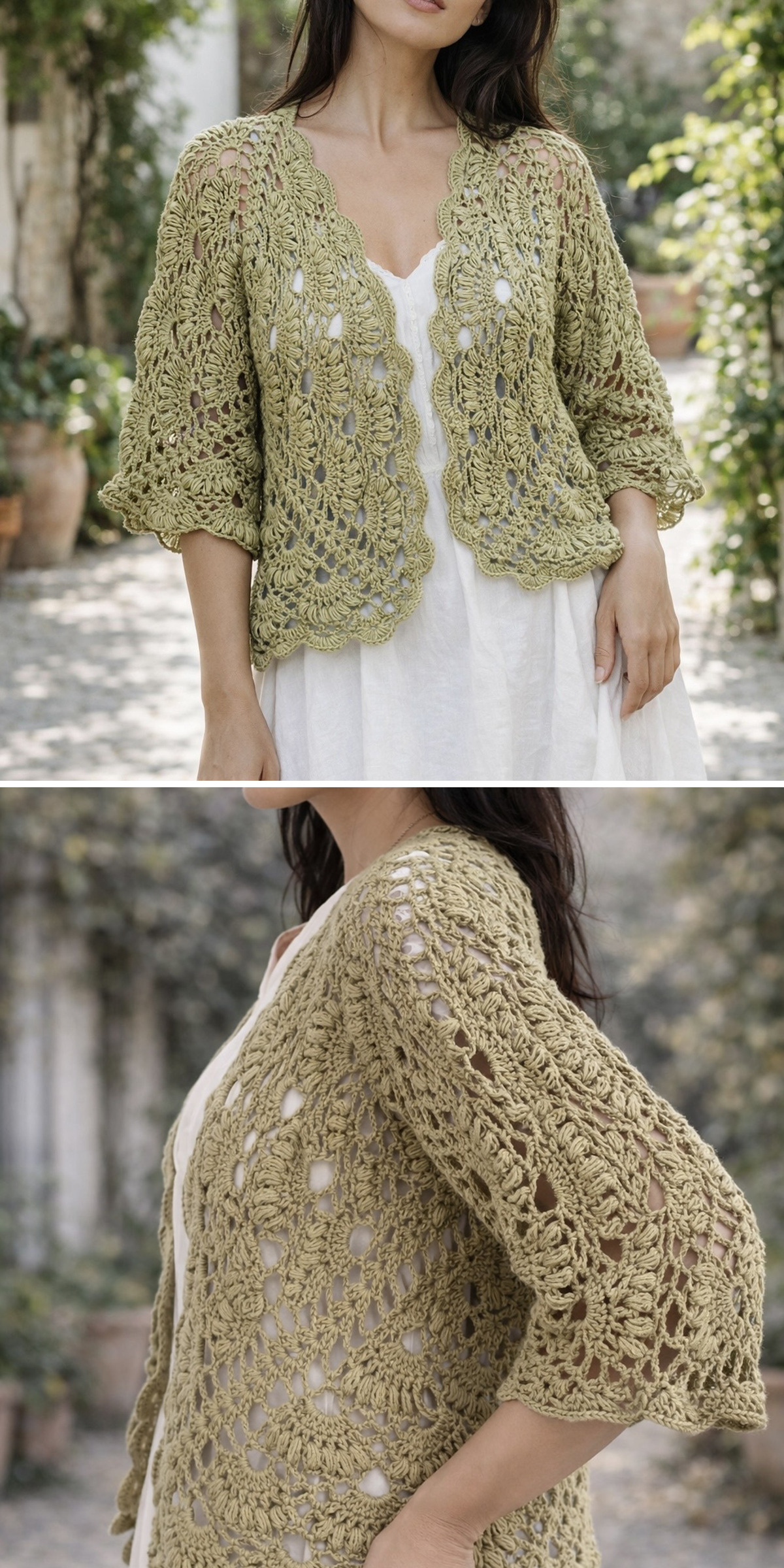 Olive crochet fabric forms a cardigan modeled from the front and in a closer side view. The photos reveal its airy stitch pattern, open shape, and textured sleeves in a muted green shade.
