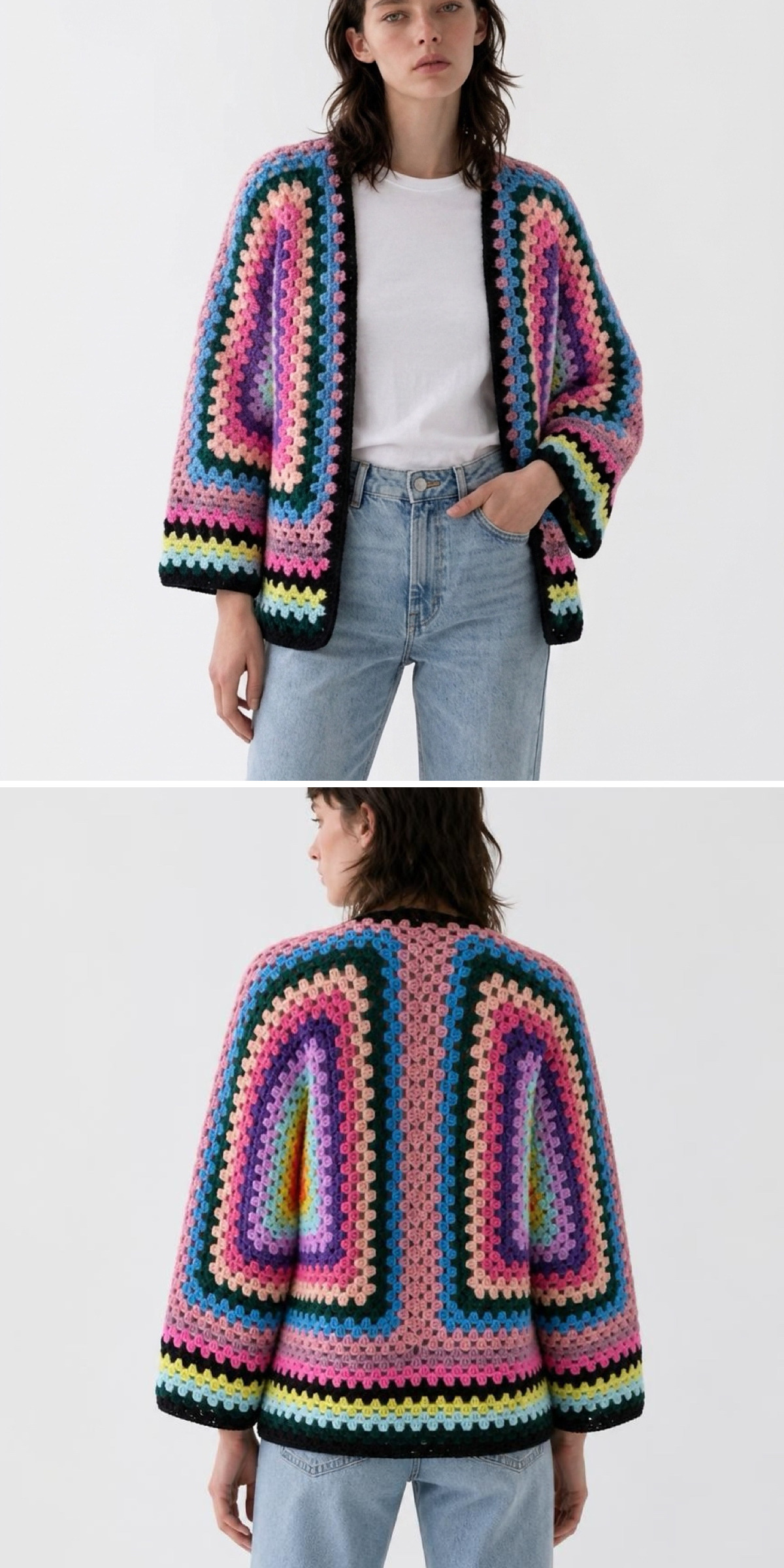 Black, pink, and turquoise crochet form bold geometric panels on a cardigan modeled from the front and back. Its long sleeves, striped edging, and colorful back panels stand out against the simple outfit.