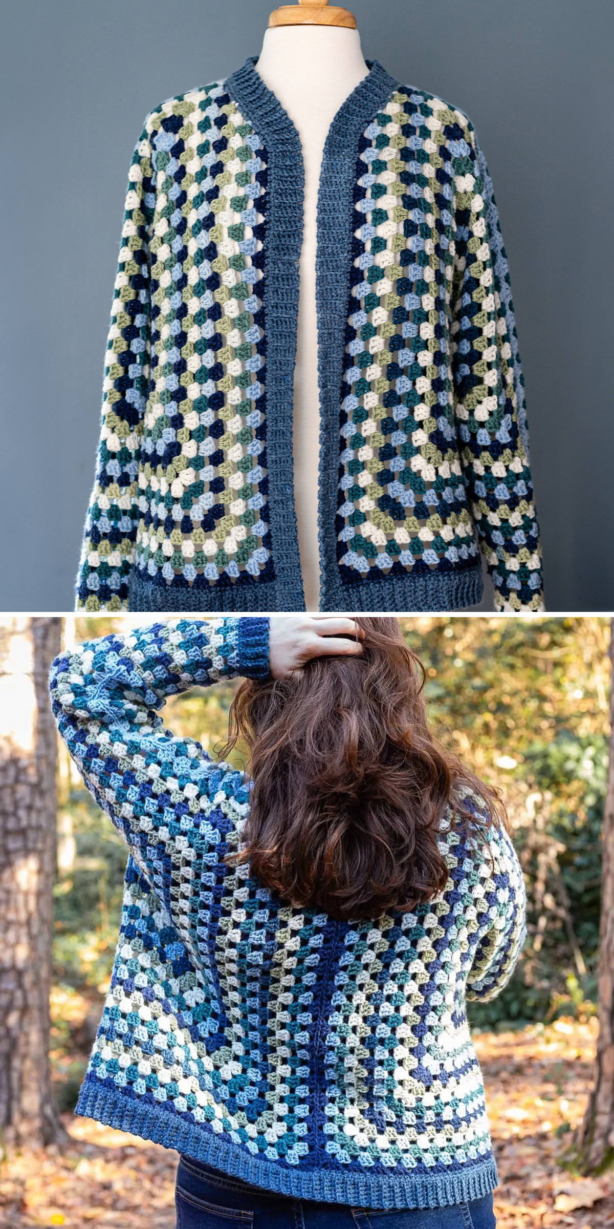 Navy, cream, and green stripes cover a crochet cardigan shown on a mannequin and worn outdoors. Front and back views reveal the open shape, long sleeves, granny stitch bands, and contrasting color placement.
