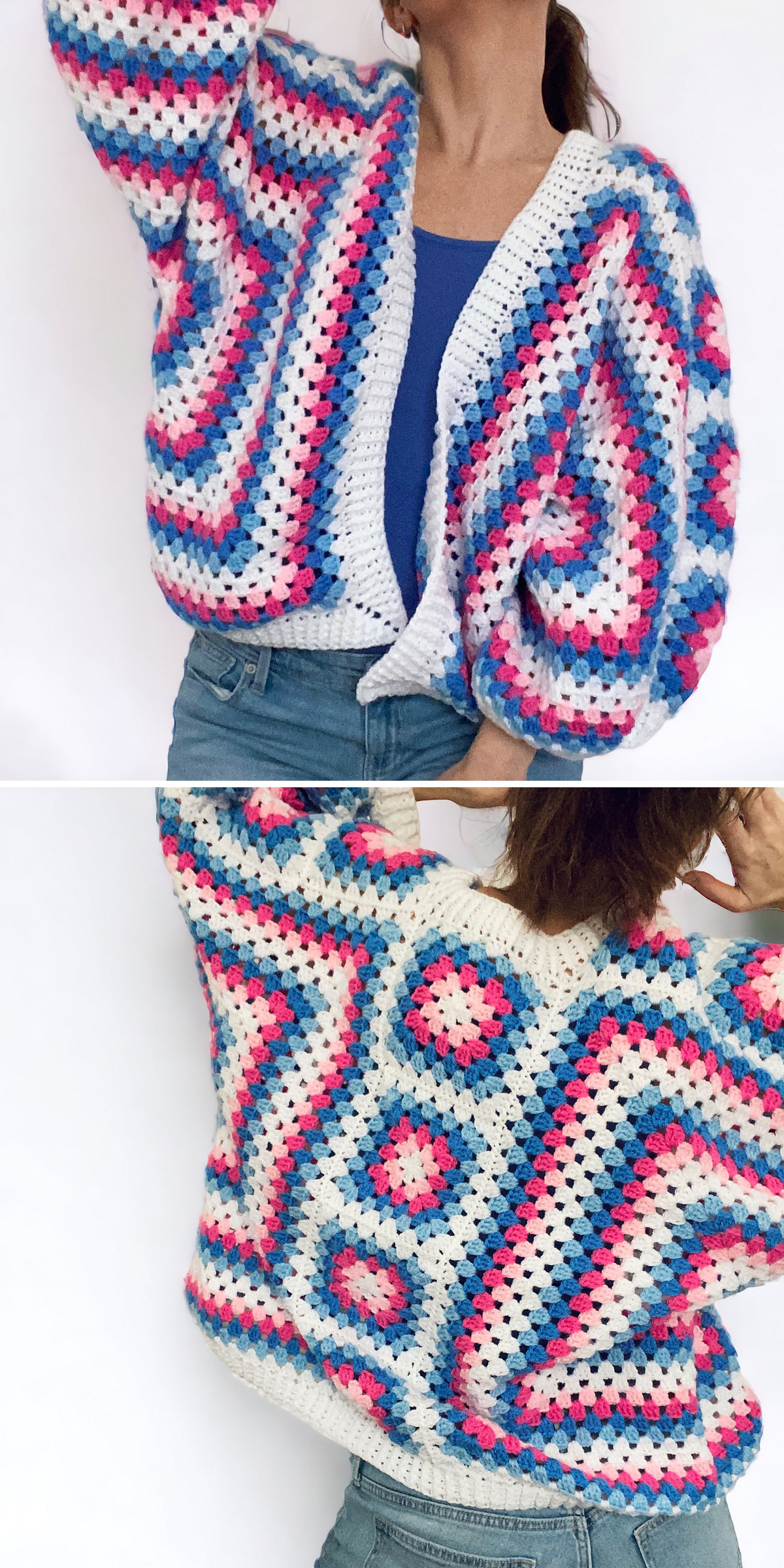 Pink, white, and blue crochet motifs cover a cardigan modeled from the front and back. The repeating pattern continues over the sleeves and body, giving the relaxed garment a bright graphic look.