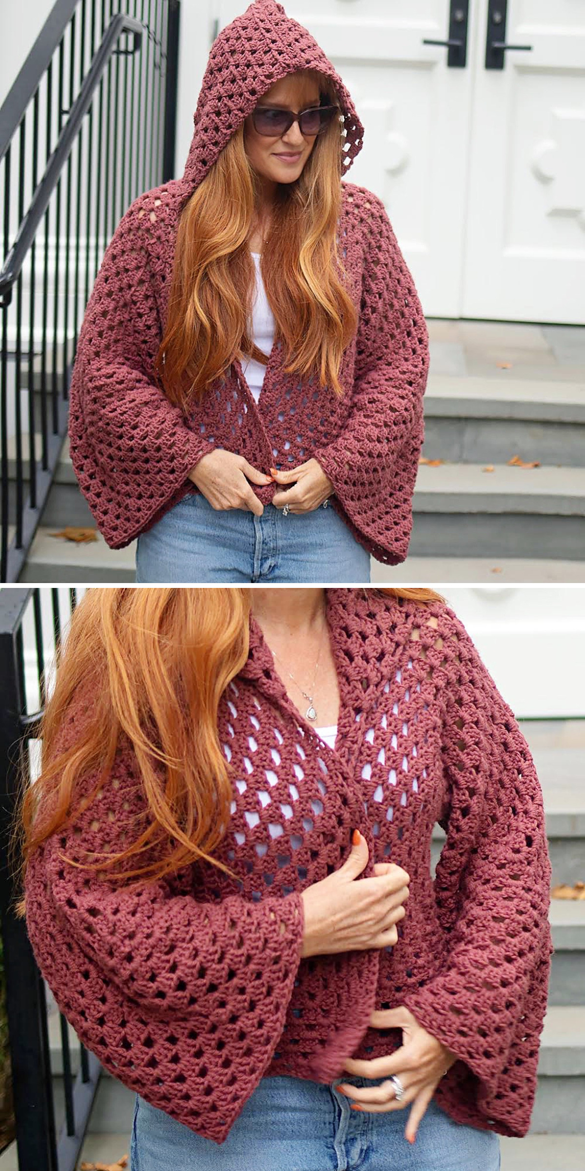 Deep burgundy yarn gives this modeled cardigan a rich color, while a closer photo highlights textured stitches and roomy sleeves. Its relaxed shape makes a warm layer for cool-weather outfits.
