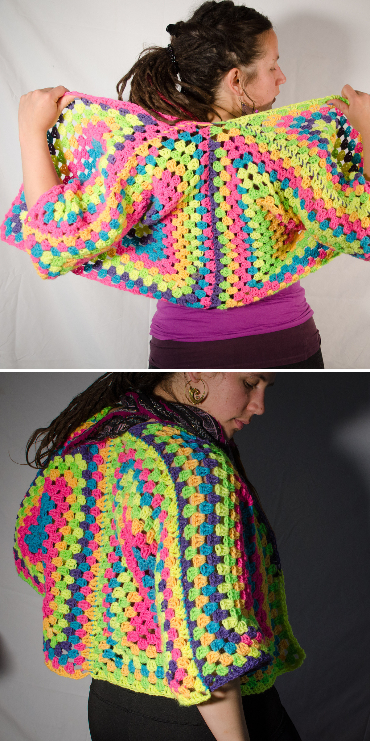 Vivid pink, turquoise, lime, and purple yarn form a cardigan held out by a model. The lower view focuses on its back, where granny stitch rows spread across the body and sleeves.
