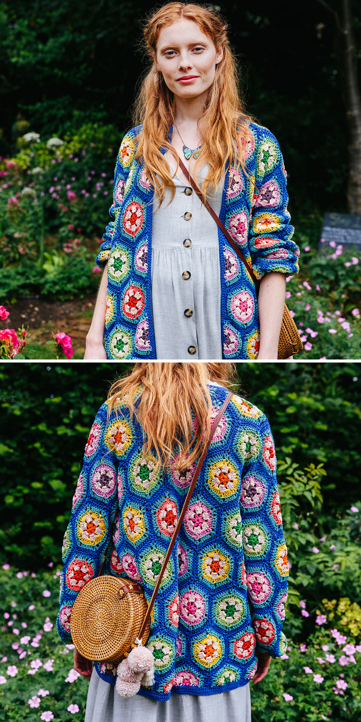 Colorful crochet flower motifs cover a cardigan modeled in a garden. Front and back photos show the floral panels continuing over the shoulders, sleeves, and body in a relaxed fit.