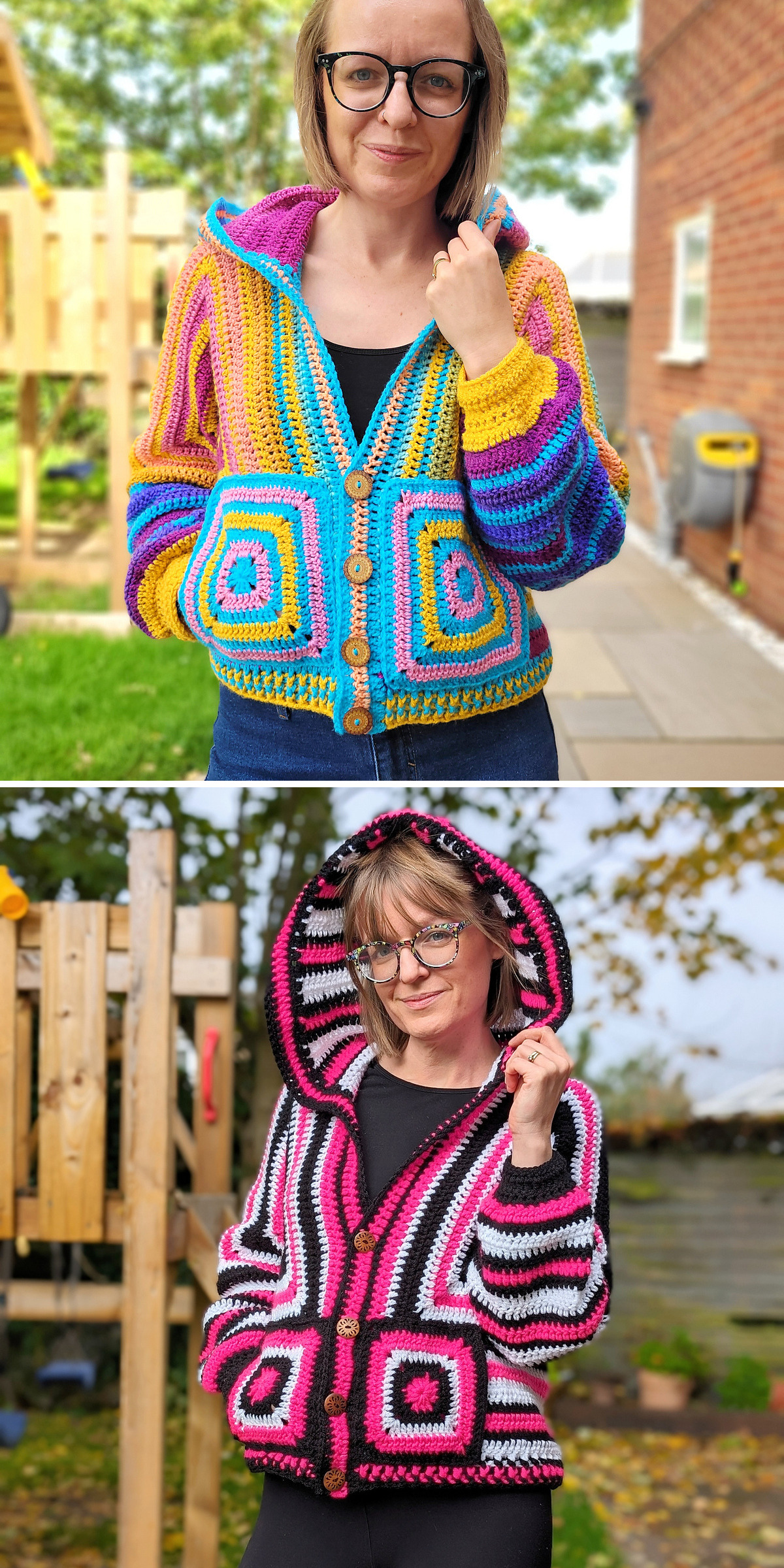 Two models wear contrasting crochet cardigans, one in rainbow colors and one in black, pink, and white. Their angled poses show the roomy sleeves, colorful motifs, and relaxed hexagon shape.