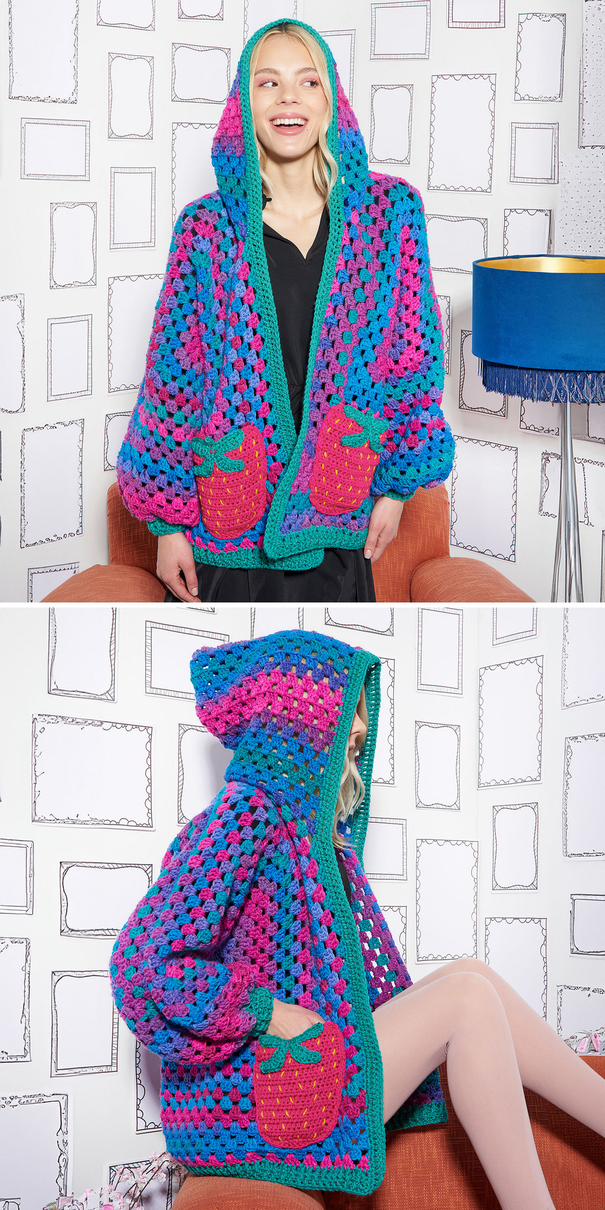 Turquoise and fuchsia yarn shape a hooded cardigan with strawberry pocket details. Front and side views show its relaxed fit, colorful stitches, generous sleeves, contrasting cuffs, and bright edging at the hem.