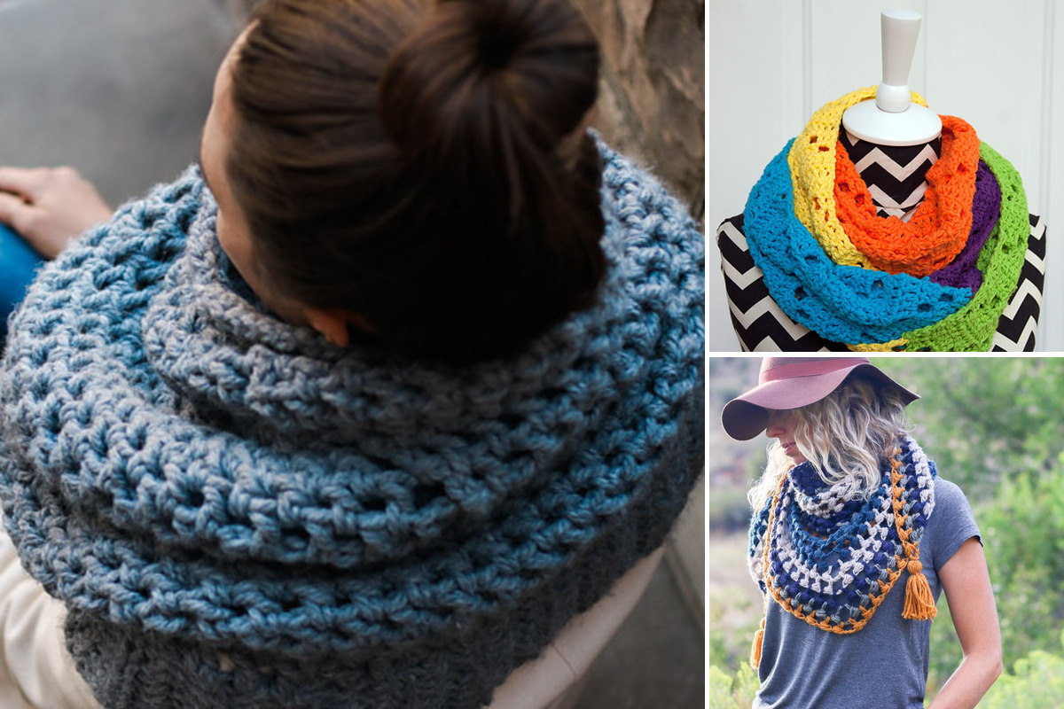 Chunky blue-gray crochet fills the left panel, while a rainbow infinity scarf and a tasseled blue triangle scarf appear on the right. Three colorful scarf and cowl ideas for handmade winter accessories.