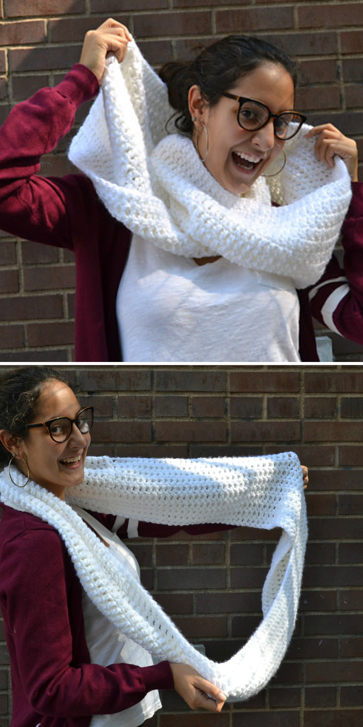 Thick white crochet loops around a woman’s neck over a burgundy cardigan. In the lower image, she stretches the scarf against a brick wall to show its length and bulky texture.