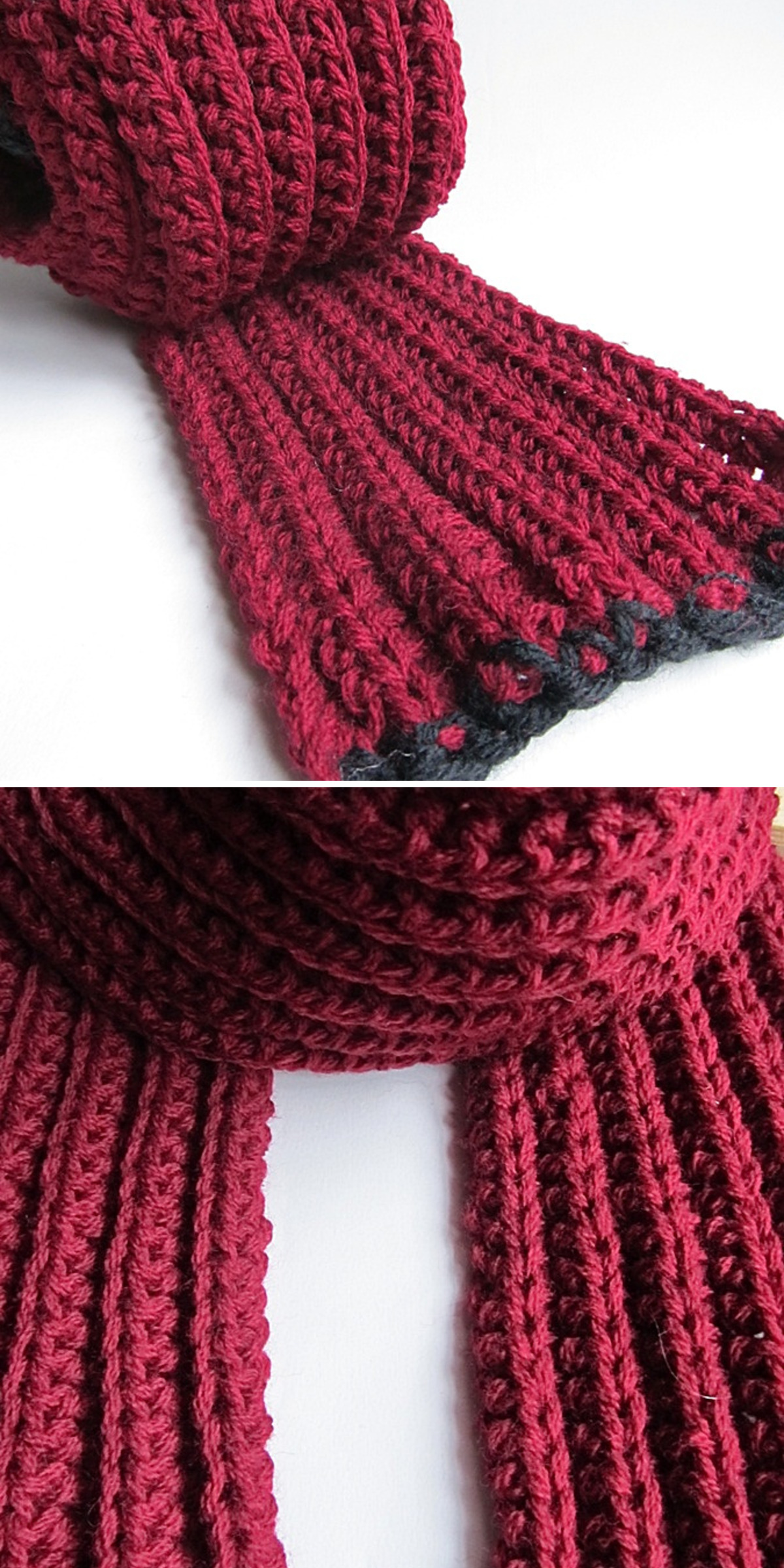 Deep burgundy ribs run along a chunky scarf laid on a pale surface. The closer view highlights its raised crochet rows and dark edging, details that give this winter accessory its substantial look.