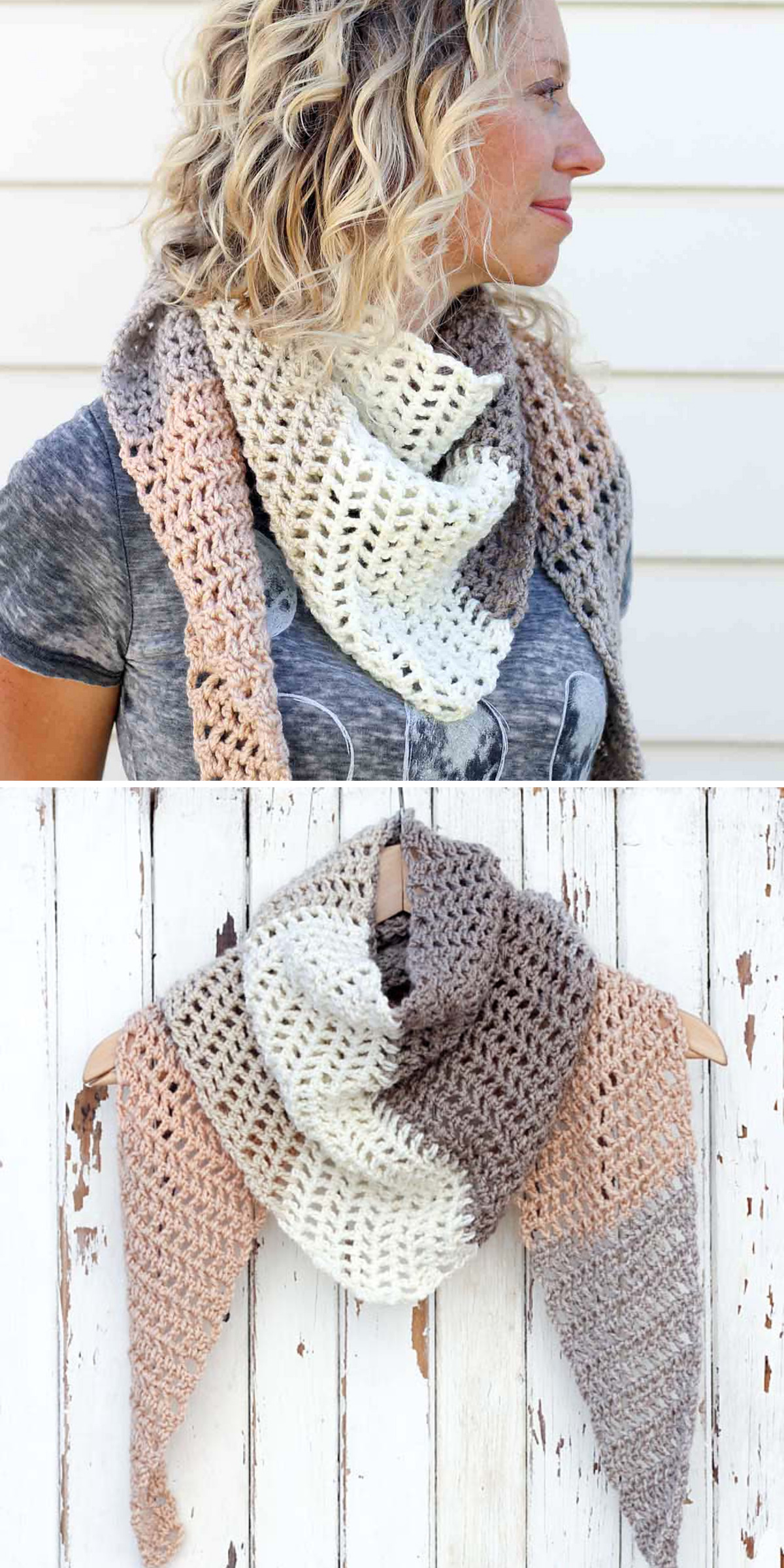 Cream, blush, and taupe sections form a softly draped triangle scarf on a woman in a gray shirt. Displayed against white wood below, its full shape and open crochet stitches become visible.