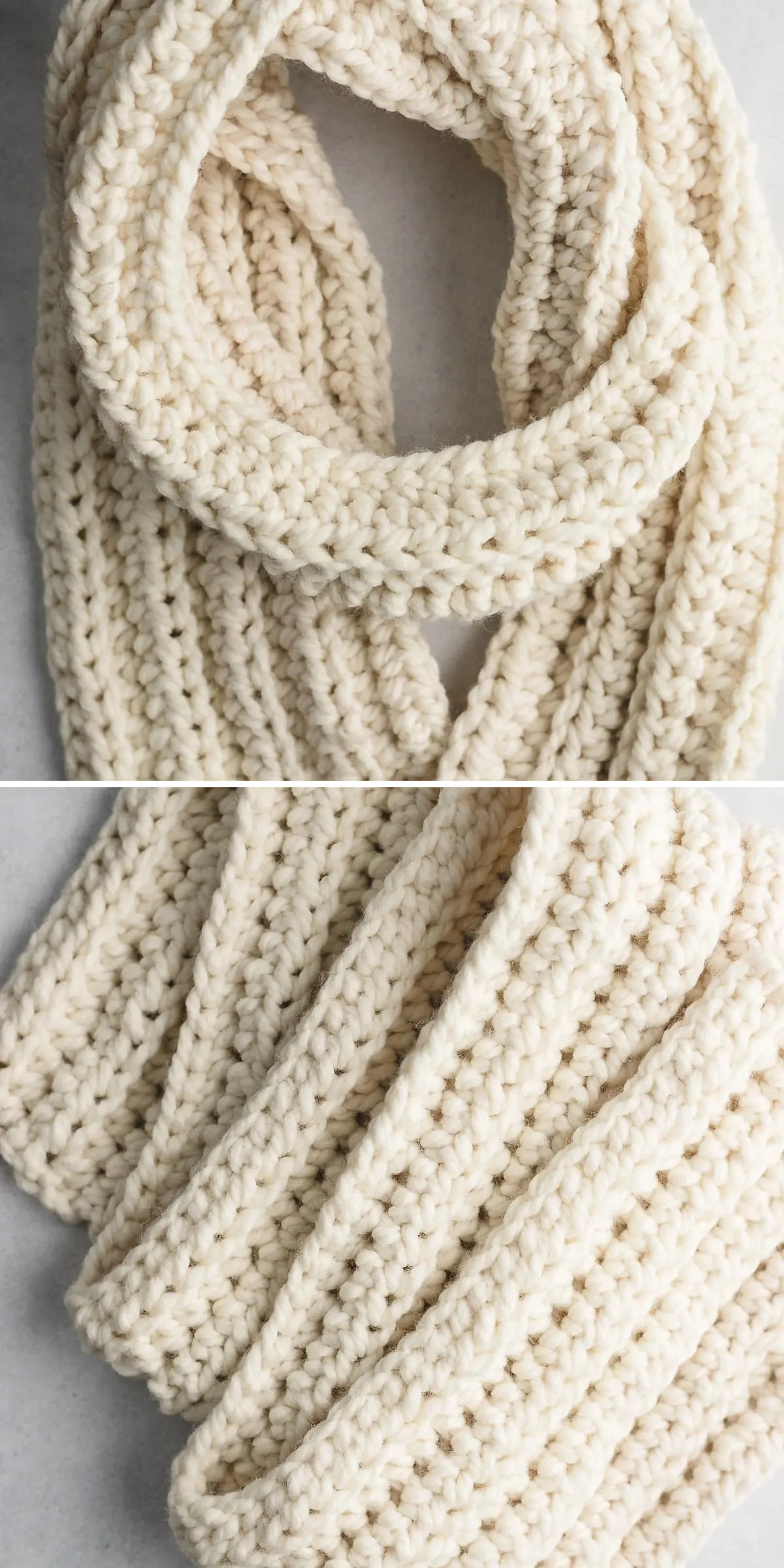 Loosely folded cream fabric shows the generous thickness of this scarf. A closer crop reveals neat, raised crochet rows that bring texture to its simple shape and neutral winter styling.