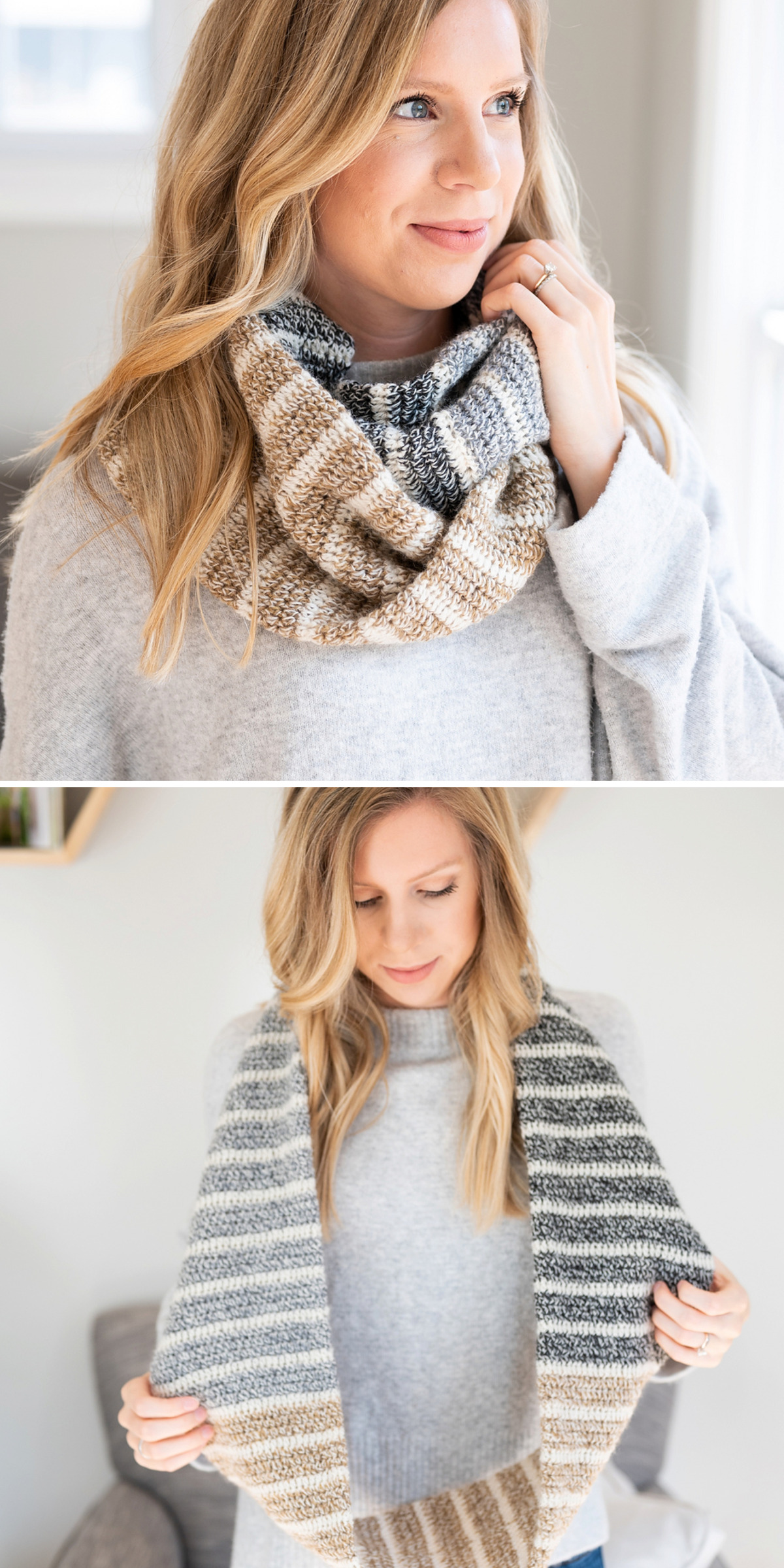 Beige, gray, and black stripes circle a blonde woman’s neck. She holds the scarf open in the lower image, revealing its length and the repeating color bands of this lightweight crochet loop.