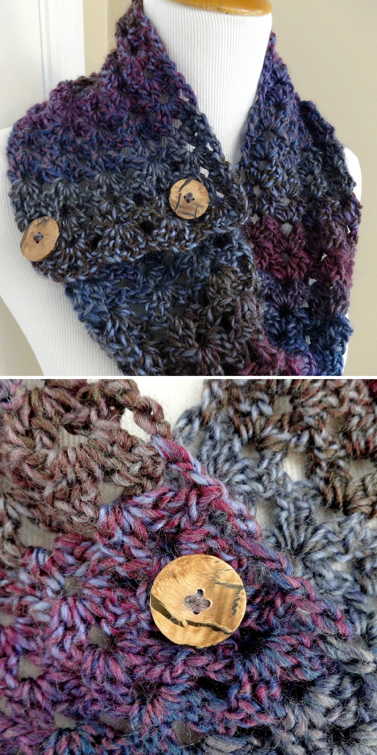 Blue, purple, and gray yarn wraps a white dress form in an open-stitch cowl. Large tan wooden buttons secure the front, while the detail image brings its chunky crochet texture into focus.