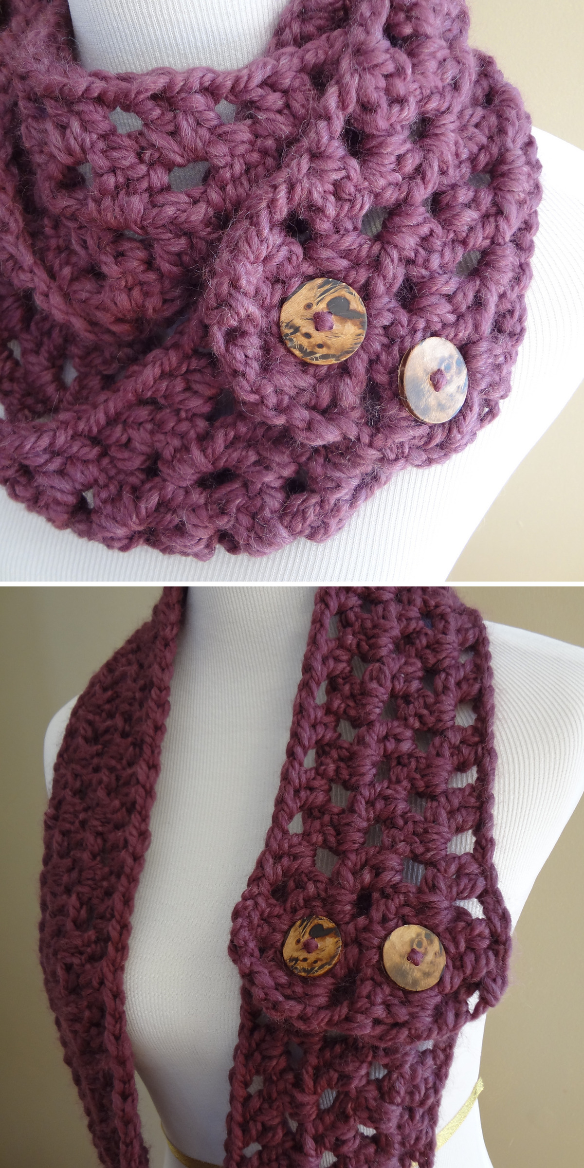 Plum yarn forms airy, granny-inspired rows along this scarf. One view shows it buttoned near a dress form’s neck; another reveals its longer drape and two pale wooden buttons.