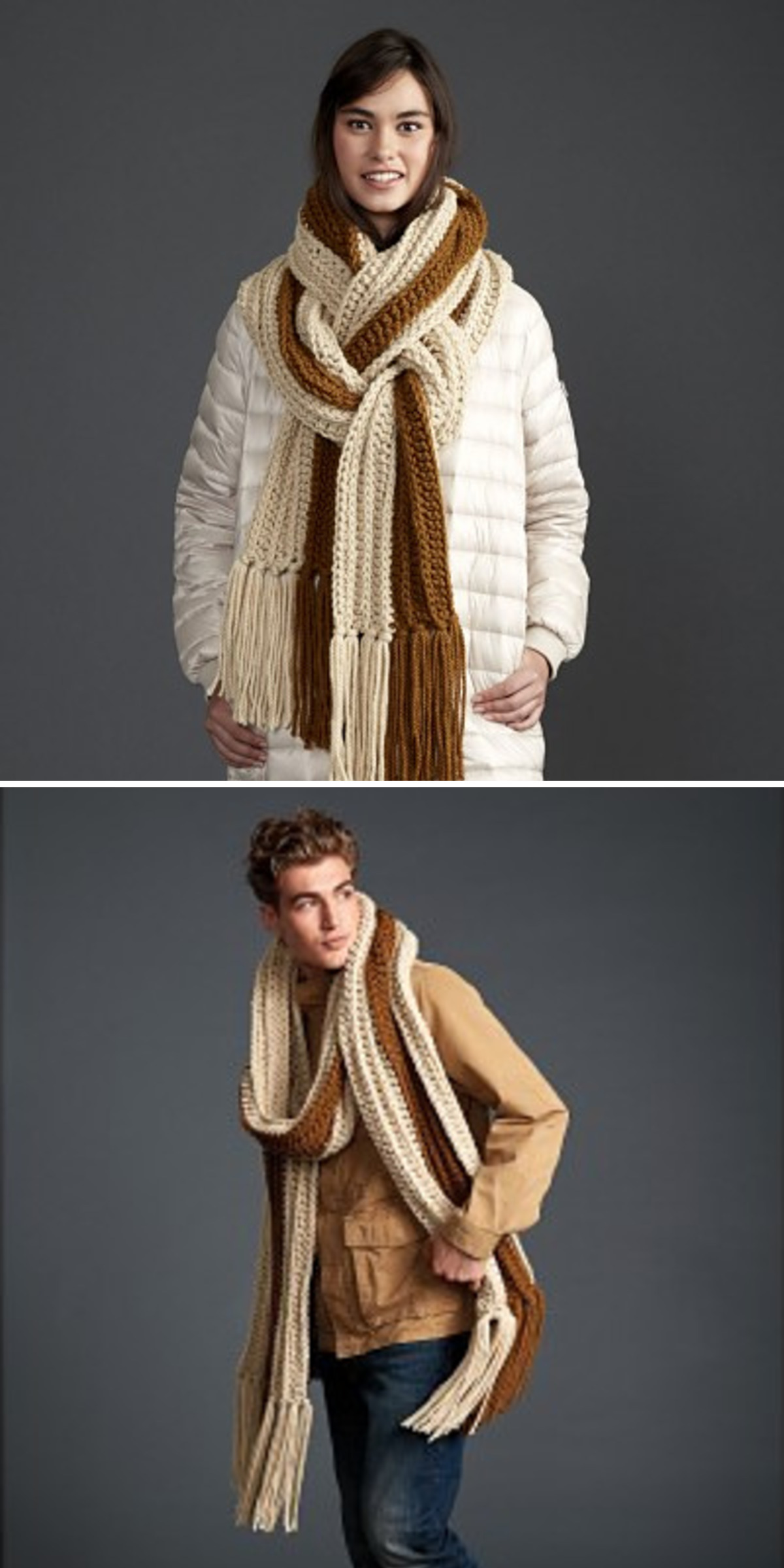 Cream and cinnamon stripes extend down a long fringed scarf modeled with a white coat. The lower image shows a man wearing the same oversized crochet design with a tan jacket.