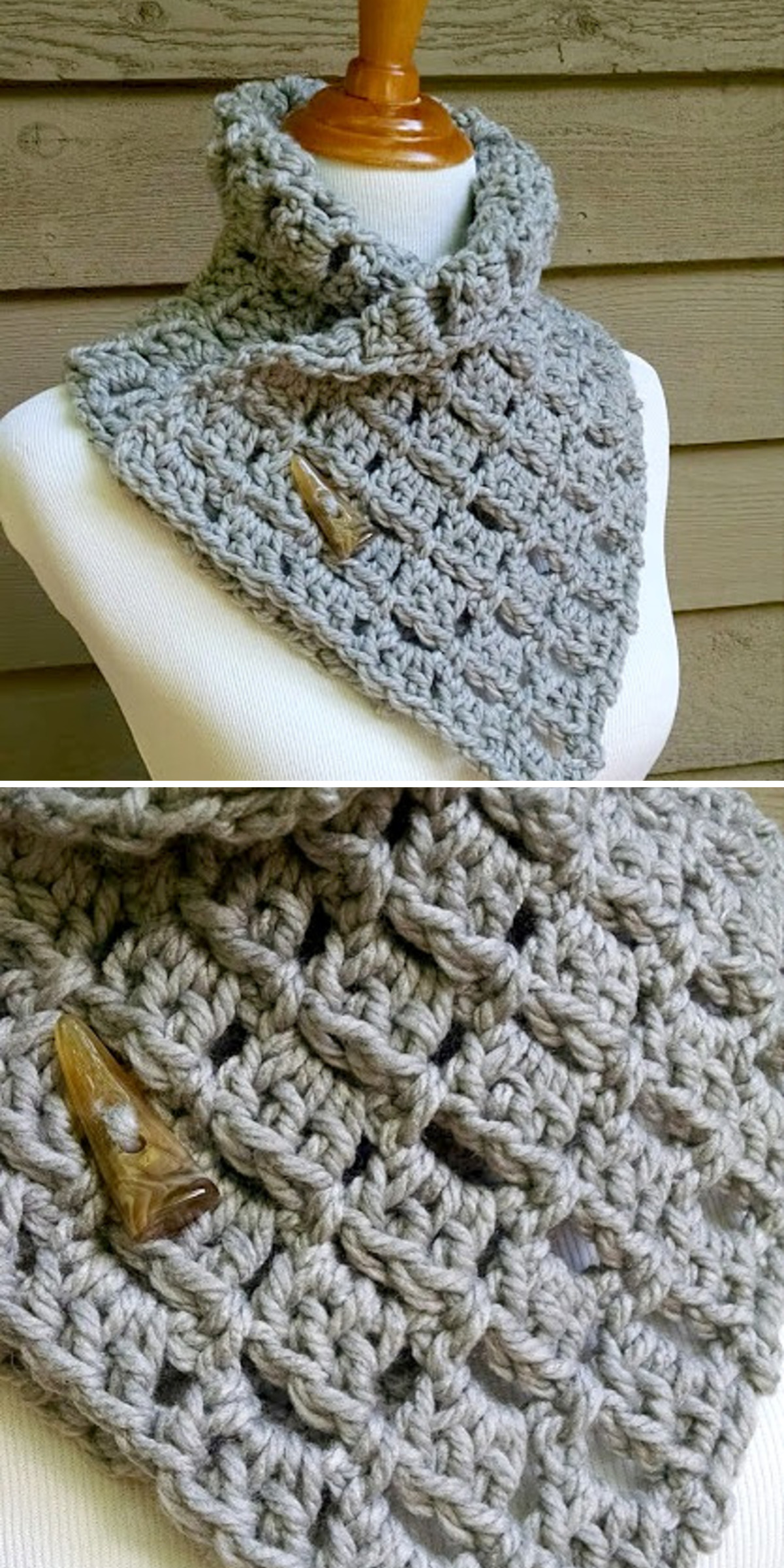 Decorative buttons fasten a thick gray cowl around a white dress form. Beneath it, a close view shows the raised stitches and open spaces that give the crochet fabric its texture.