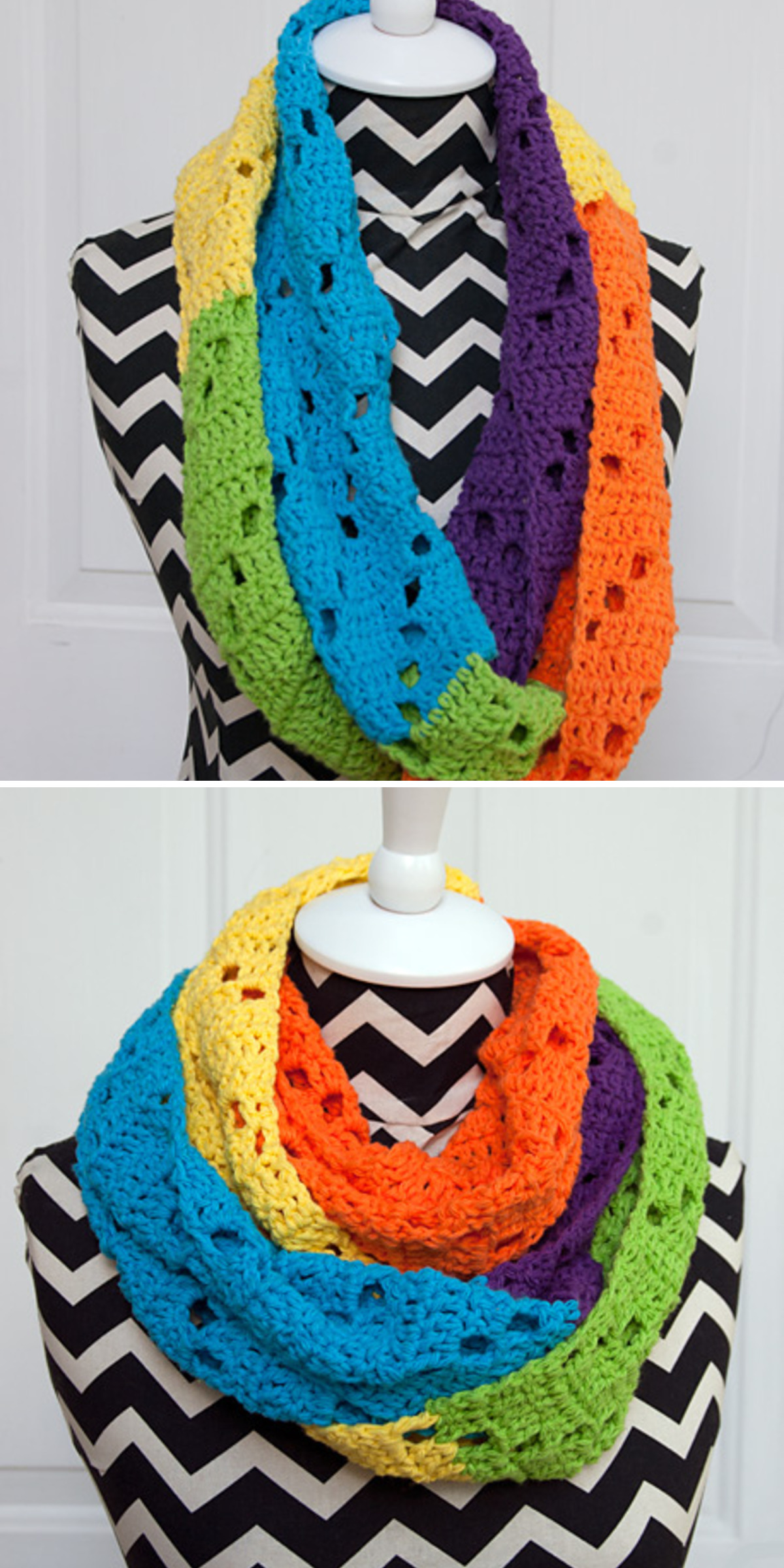 Rainbow bands of yellow, orange, green, blue, and purple stand out against a black-and-white zigzag dress form. The crochet infinity scarf appears both hanging long and doubled around the neck.