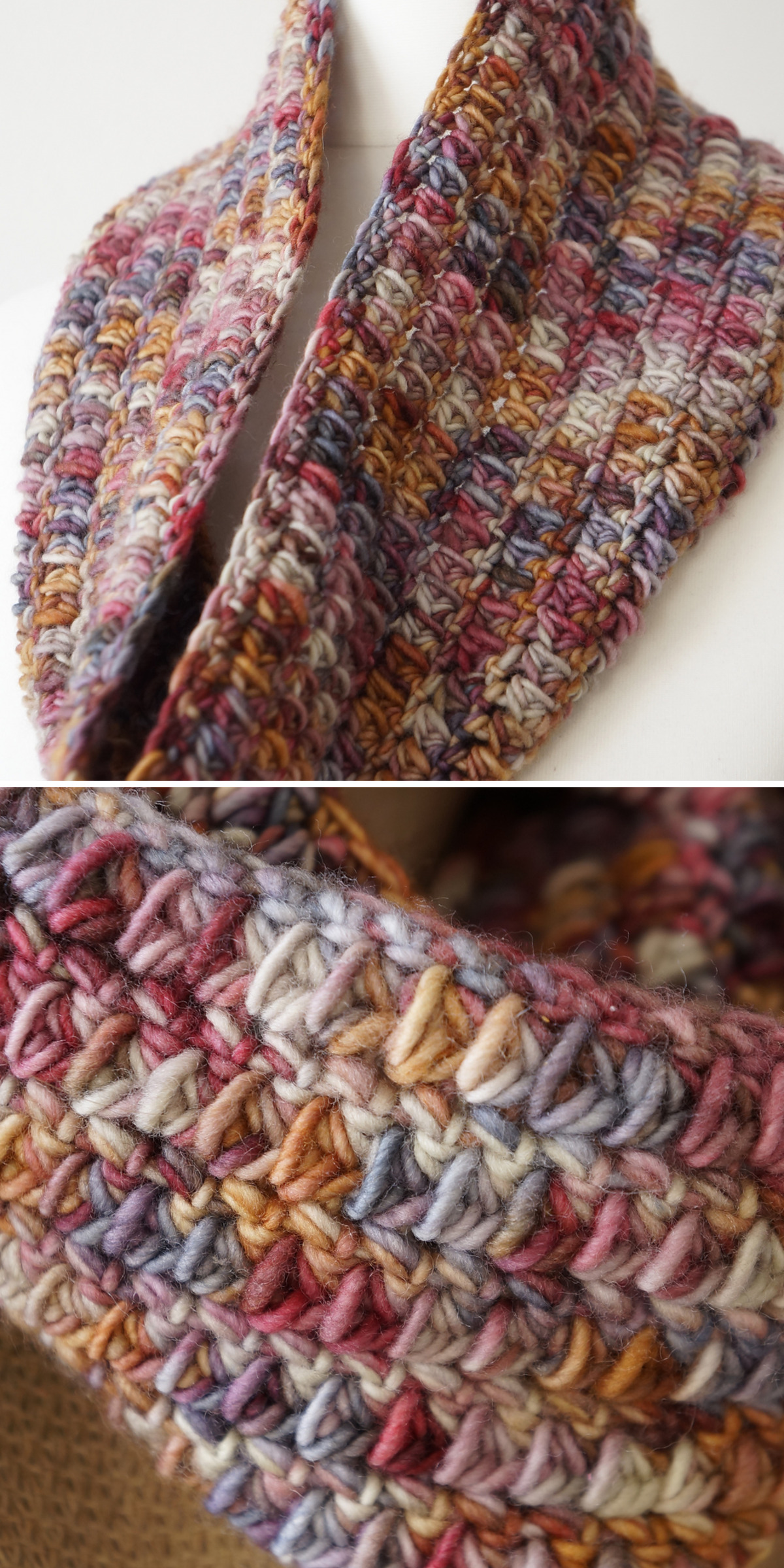 Rust, pink, blue, and neutral tones mingle across a close-fitting cowl. The enlarged stitch view shows how variegated yarn changes color throughout this compact, textured crochet neck warmer.