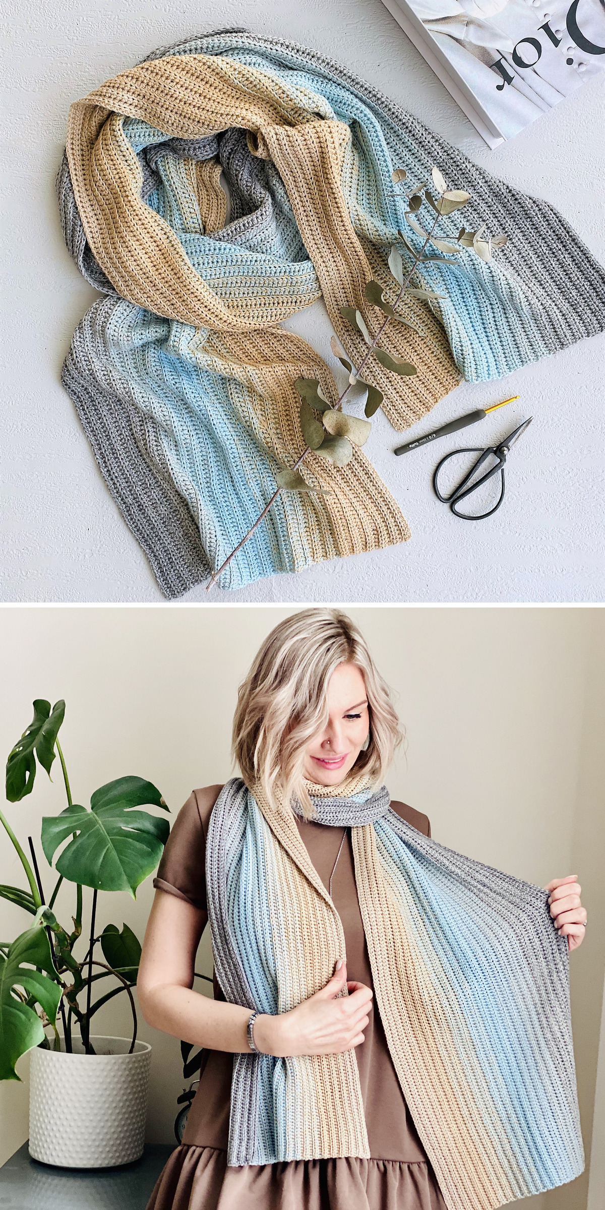 Pale blue, beige, and gray sections flow along a fringed scarf arranged on a table. Worn by a blonde woman below, its fine crochet fabric falls in a long, soft drape.