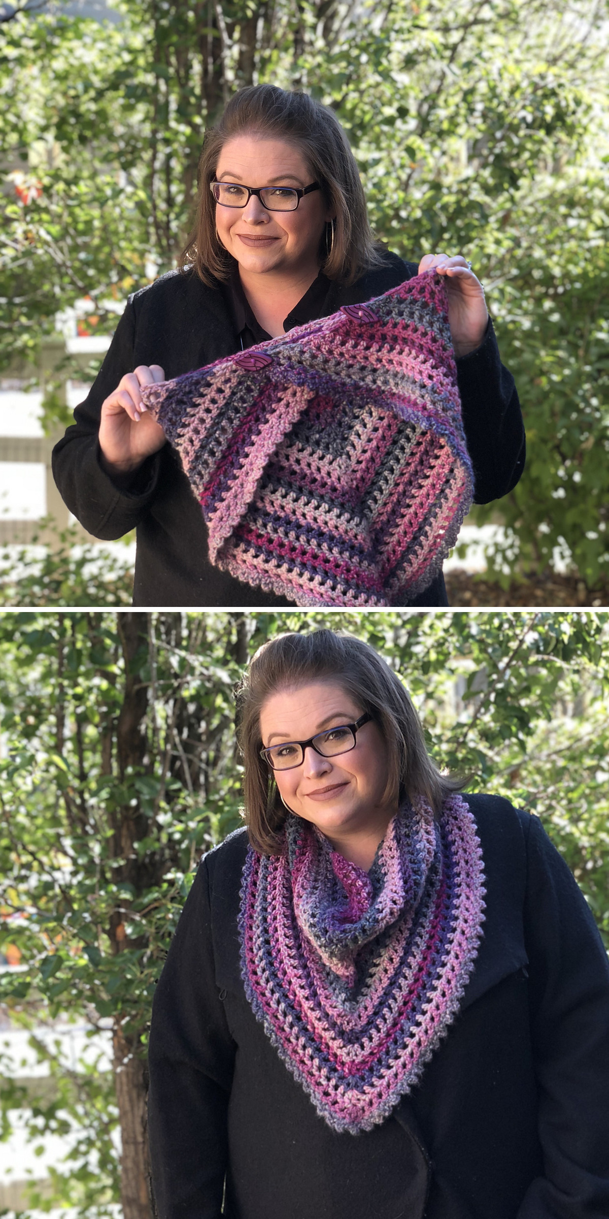 Purple, pink, and charcoal rows form a triangle held open by a woman outdoors. Wrapped around her neck in the lower image, its pointed front creates a bandana-style crochet cowl.