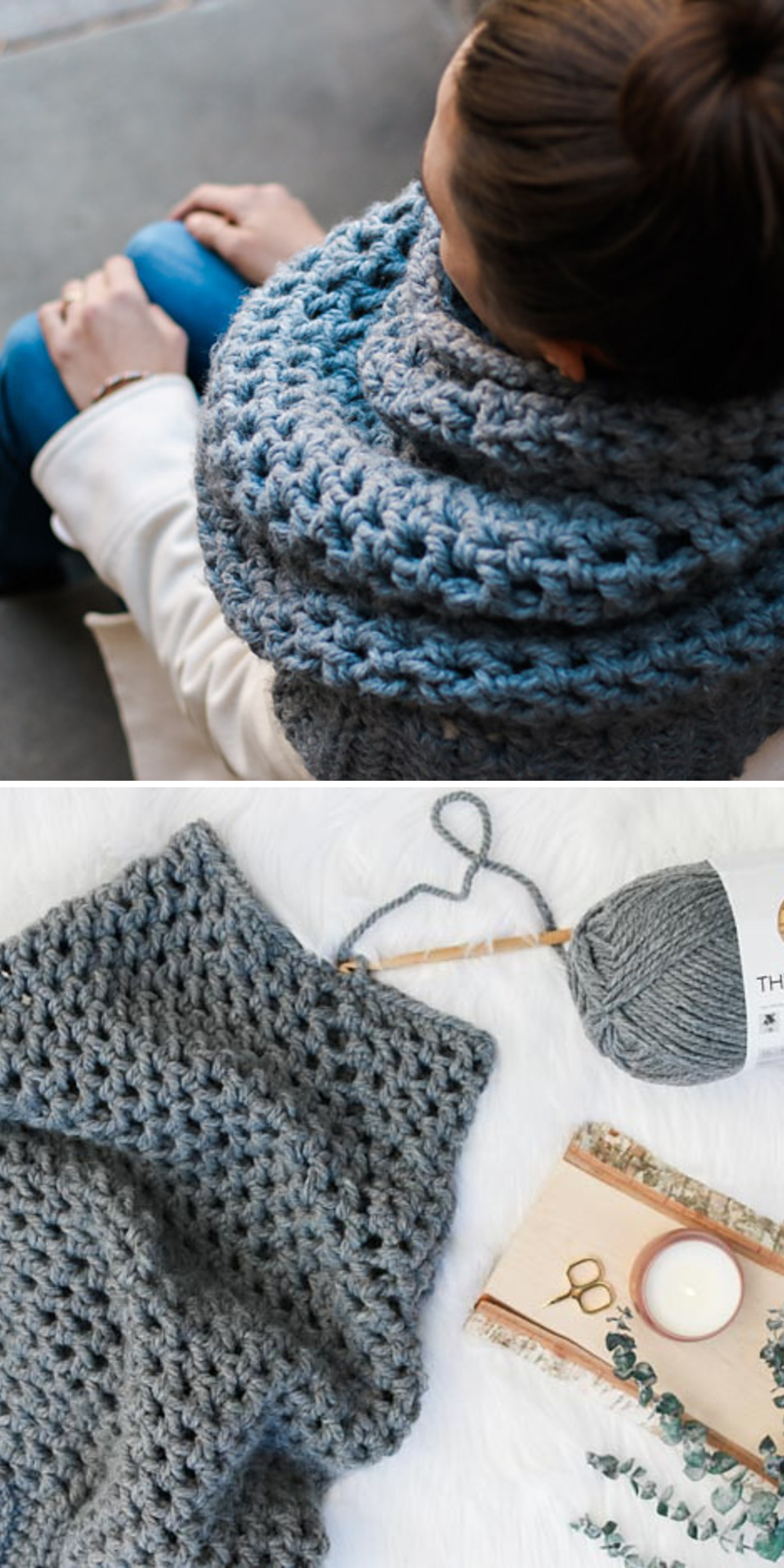 Thick blue-gray crochet gathers around a woman’s neck as she sits outdoors. A flat view beside yarn and tools reveals the cowl’s depth and its plush, textured stitches.