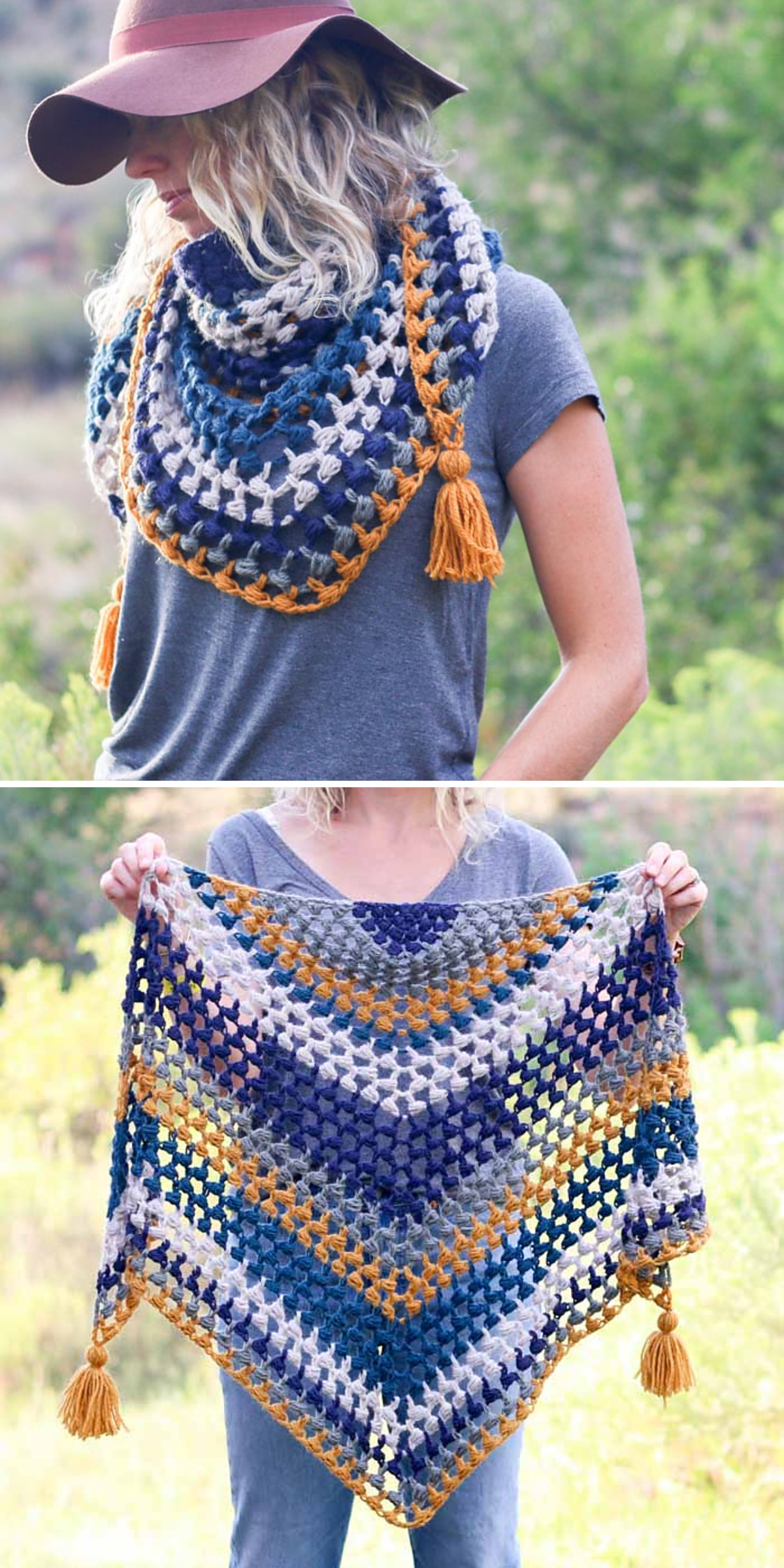 Blue, cream, and orange patterned rows frame a triangle scarf worn with a mauve hat. Held wide in the lower image, the crochet piece reveals its full shape and corner tassels.