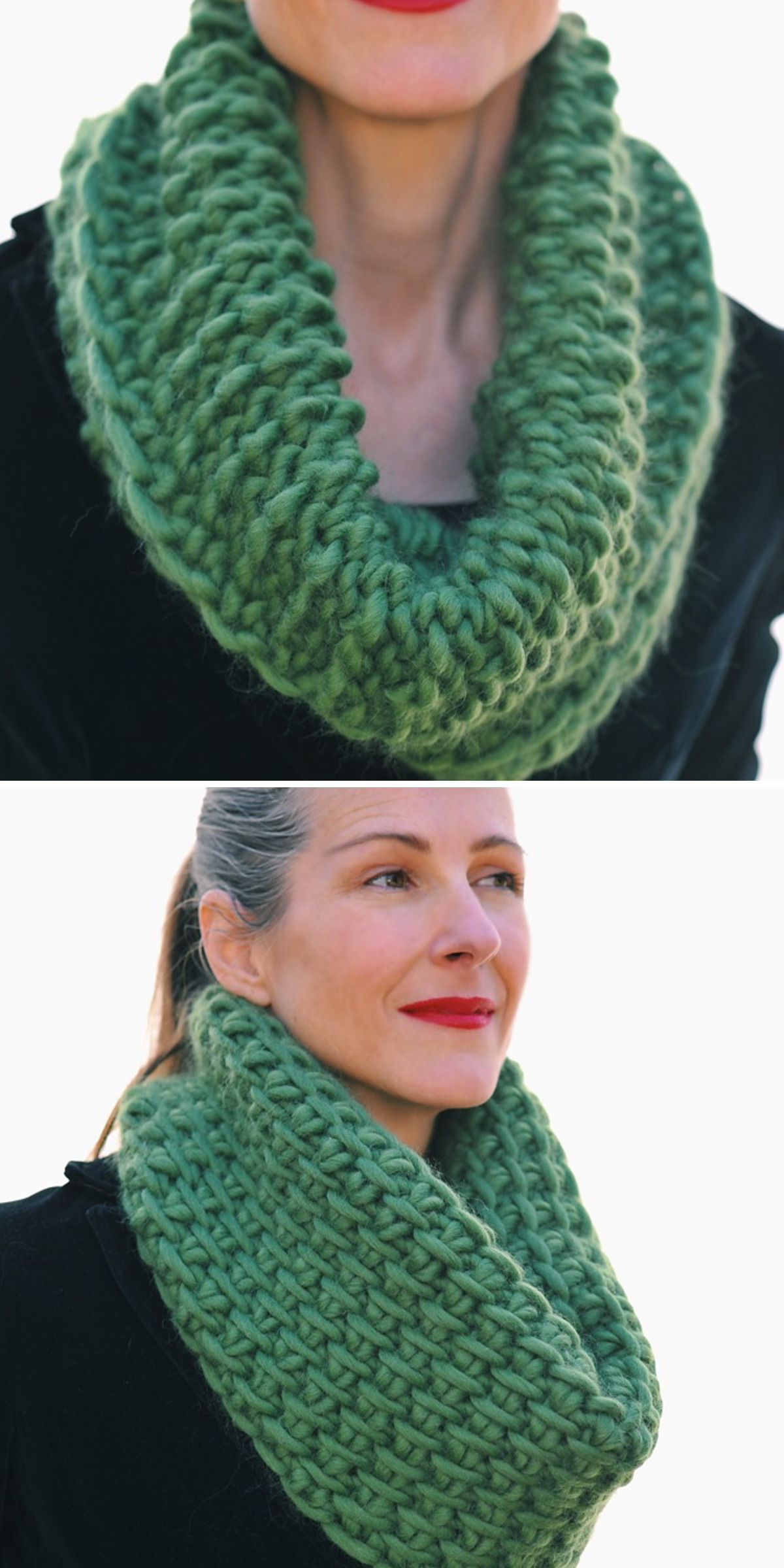 Bright green, oversized Tunisian stitches create a thick loop around a woman’s neck. Front and side views show how this textured cowl sits against her dark clothing.