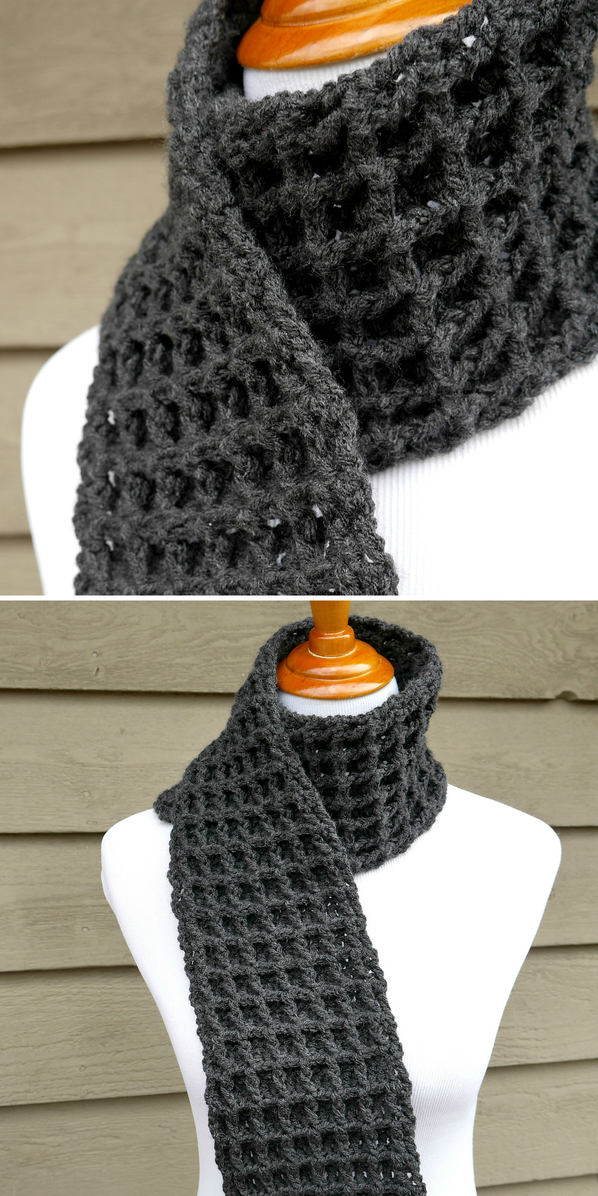 Charcoal gray crochet drapes down a white dress form against tan siding. A closer view near the neck reveals the raised square texture that defines this waffle-stitch scarf.