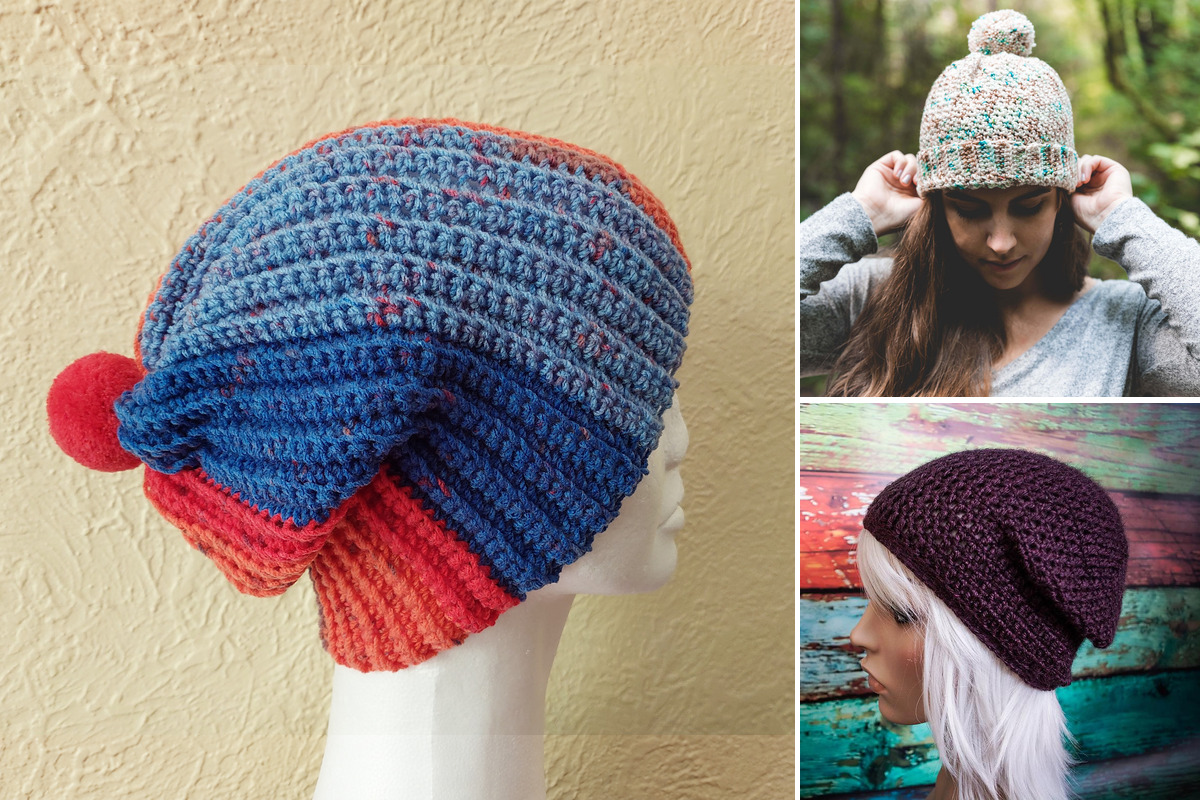 A blue and red crochet beanie with a red pom-pom fills the left side, while a woman models a speckled cream hat above a purple slouch beanie on the right; explore crochet hat styles for beginners.