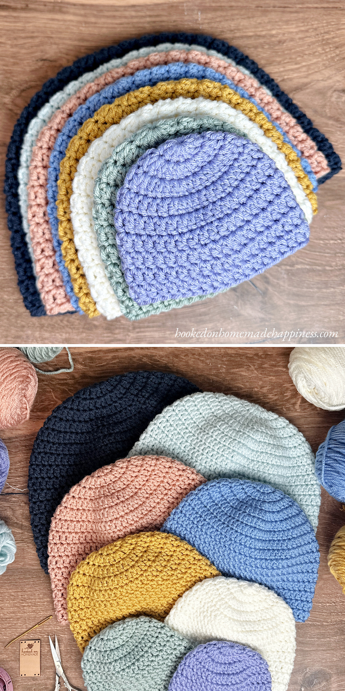Lavender, cream, coral, navy, and blue crochet beanies are arranged on a wooden surface. A second view features two contrasting hats, showing the simple crown shape and range of colors in this basic design.